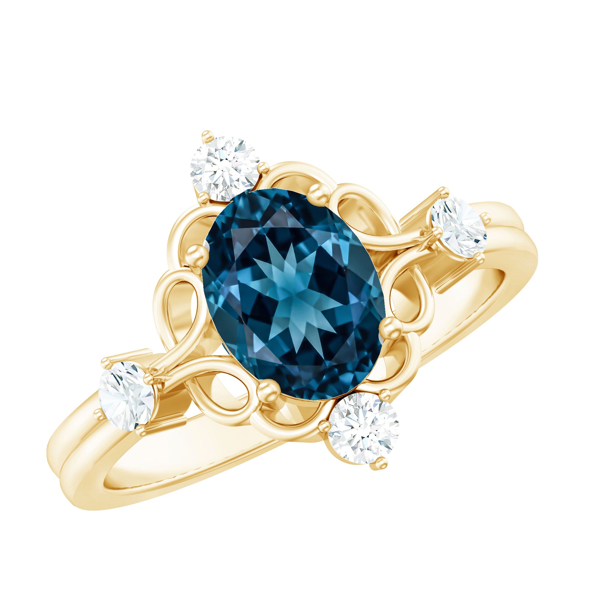 Art Deco Inspired Blue Topaz Oval Engagement Ring with Diamond AAA - Rosec Jewels