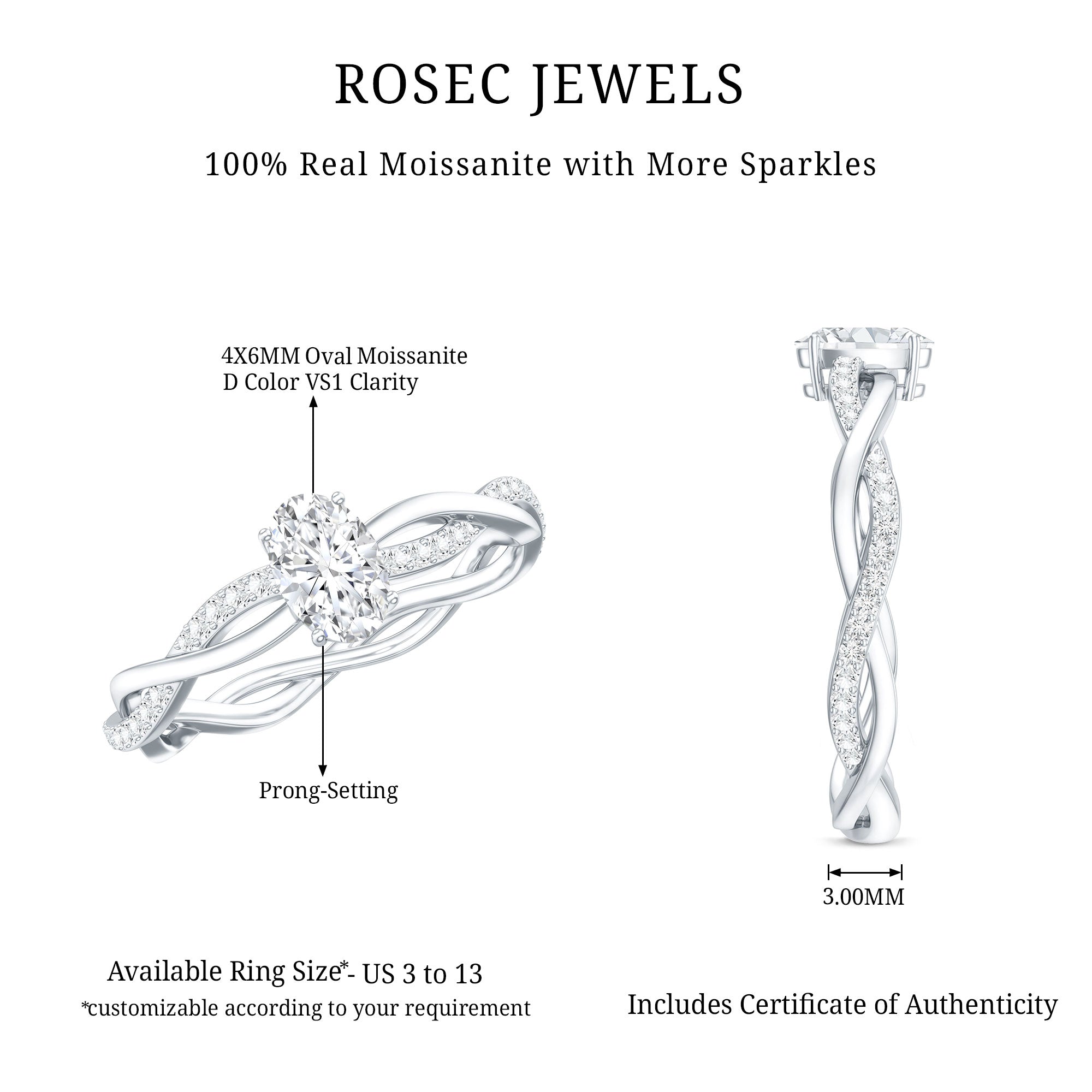 Oval Cut Moissanite Braided Engagement Ring D-VS1 - Rosec Jewels