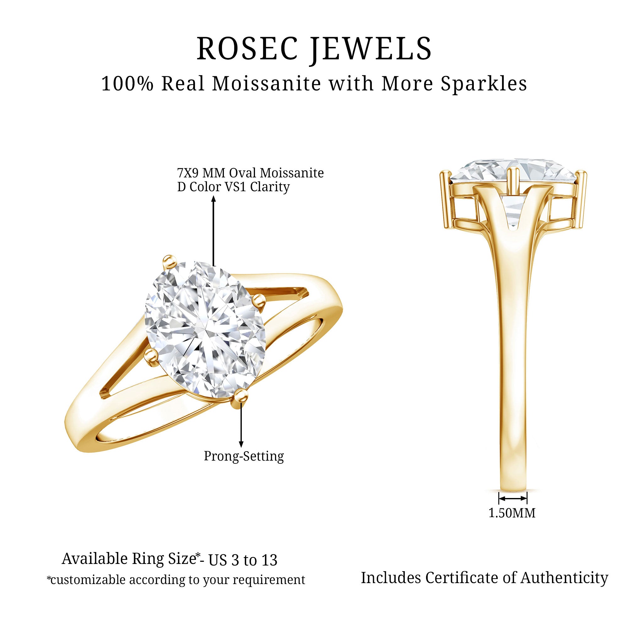 Oval Cut Moissanite Solitaire Engagement Ring in Split Shank D-VS1 - Rosec Jewels