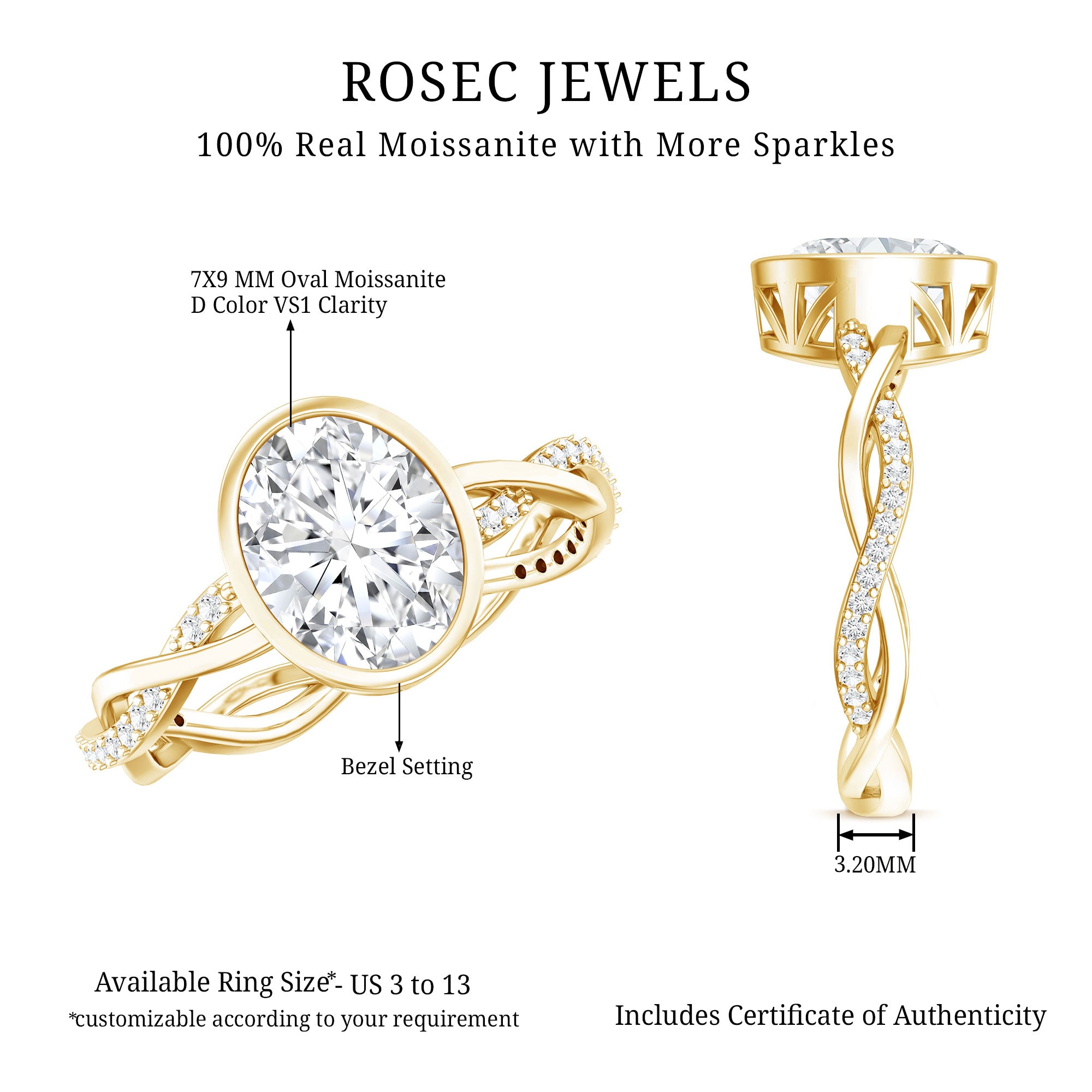 Brilliant Cut Moissanite Bezel Set Engagement Ring in Braided Shank D-VS1 - Rosec Jewels