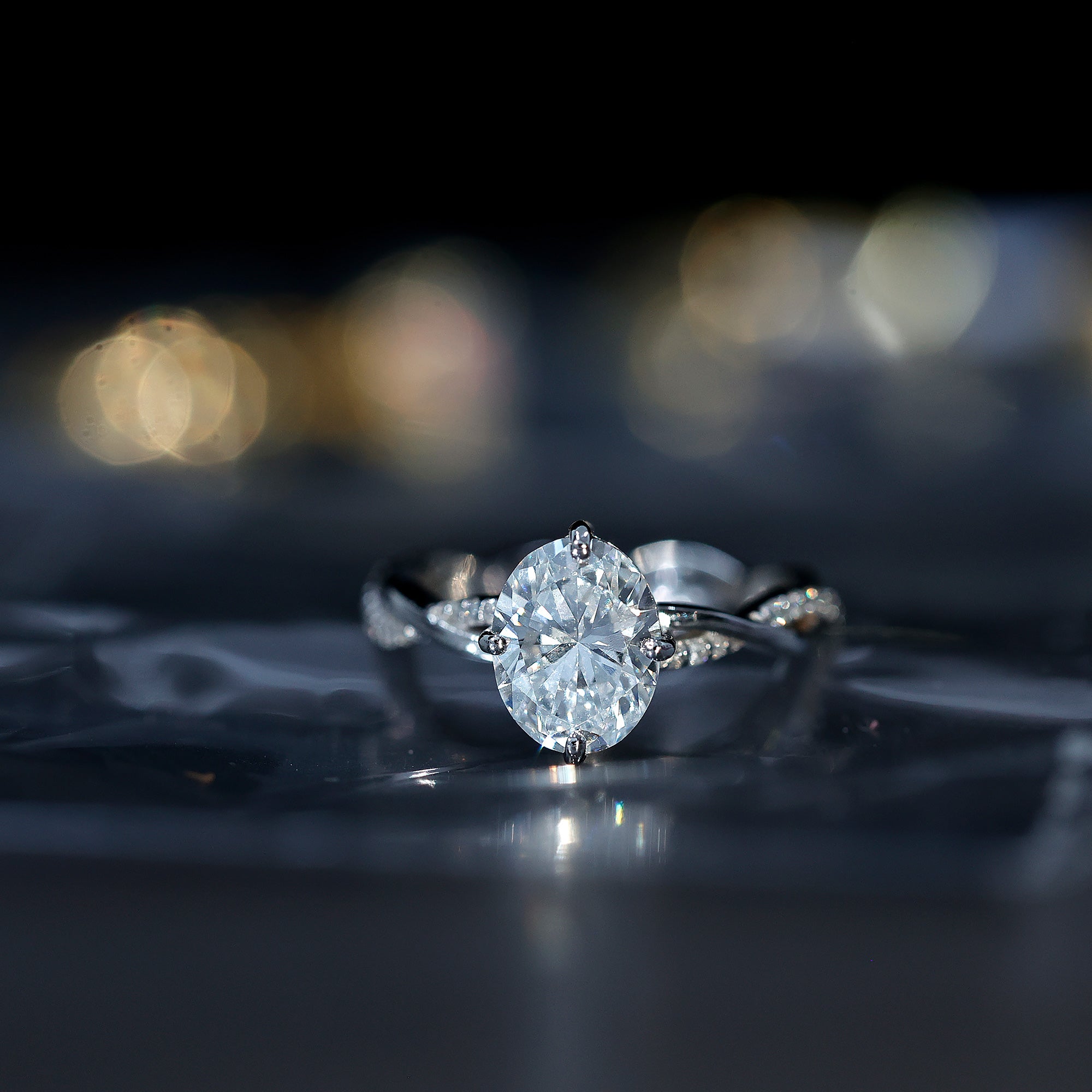 Moissanite Oval Engagement Ring With Diagonal Prong Setting D-VS1 - Rosec Jewels
