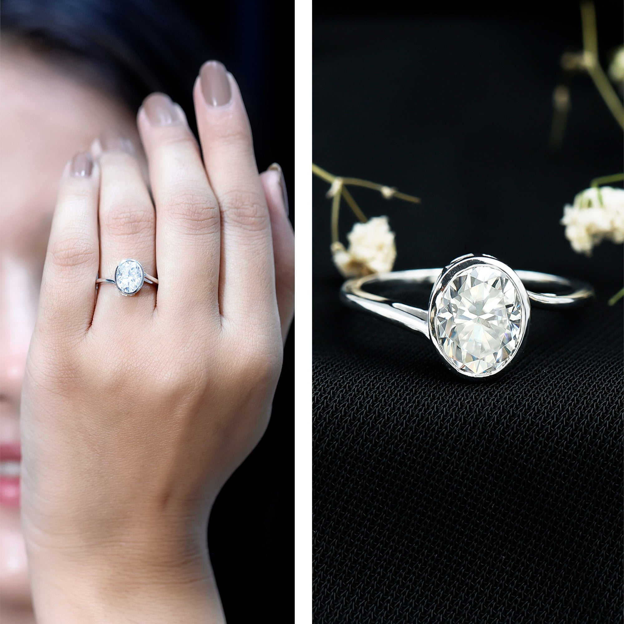 Solitaire 7X9 MM Moissanite Oval Engagement Ring with Bypass Shank D-VS1 - Rosec Jewels