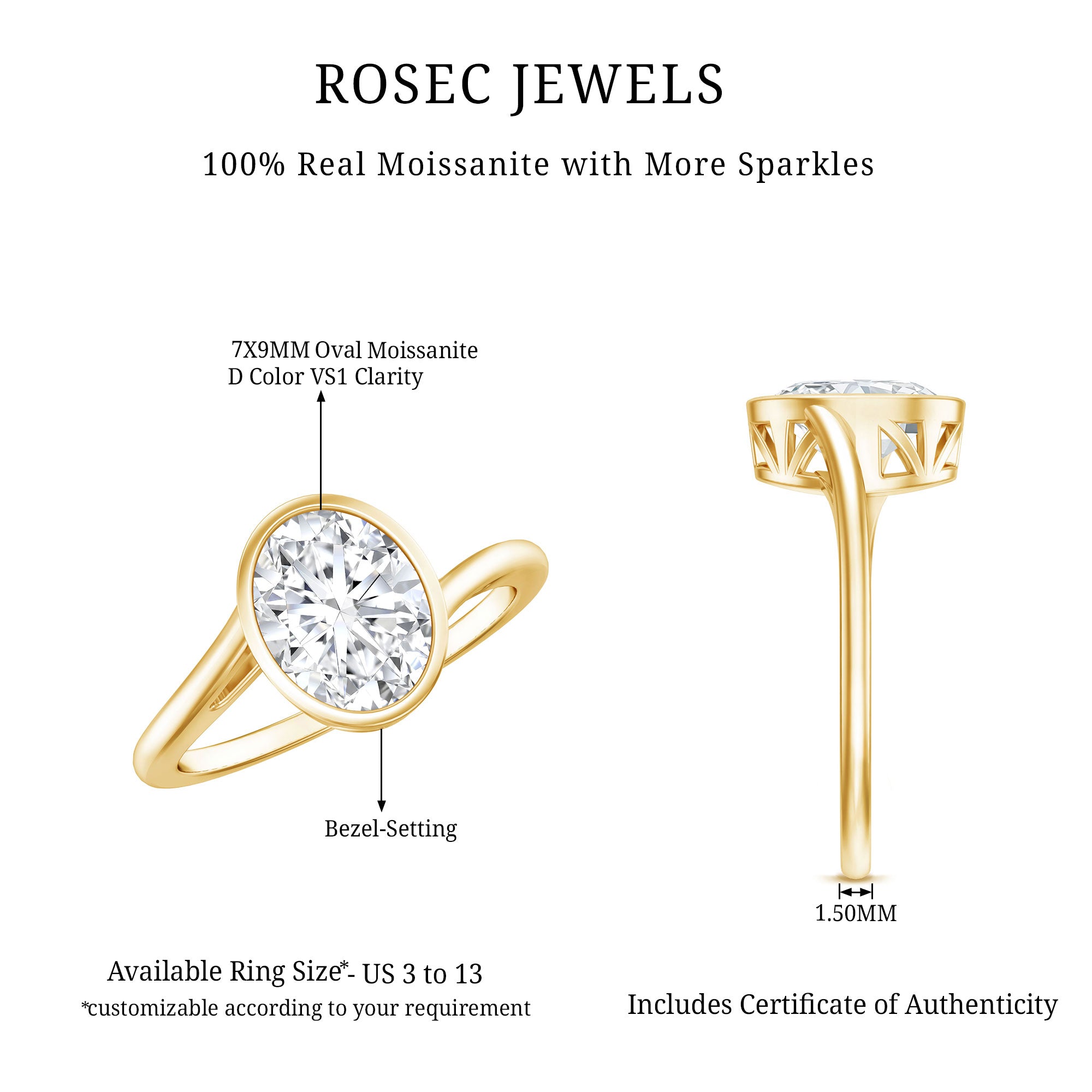 Solitaire 7X9 MM Moissanite Oval Engagement Ring with Bypass Shank D-VS1 - Rosec Jewels