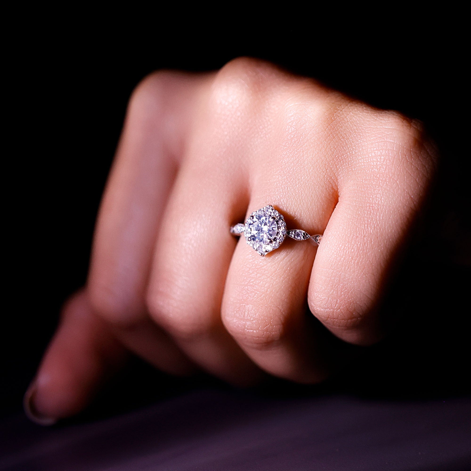 Antique Style Moissanite Halo Engagement Ring D-VS1 - Rosec Jewels
