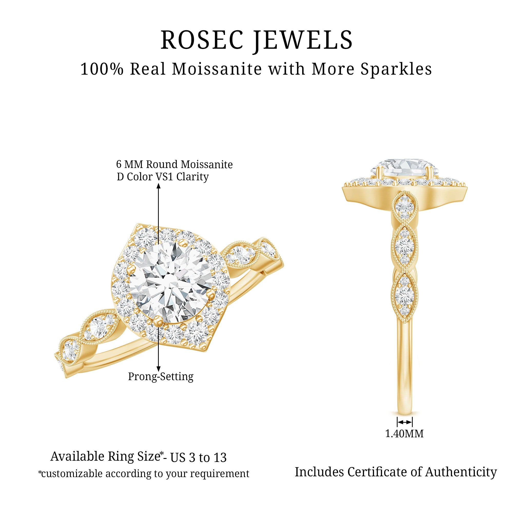 Antique Style Moissanite Halo Engagement Ring D-VS1 - Rosec Jewels