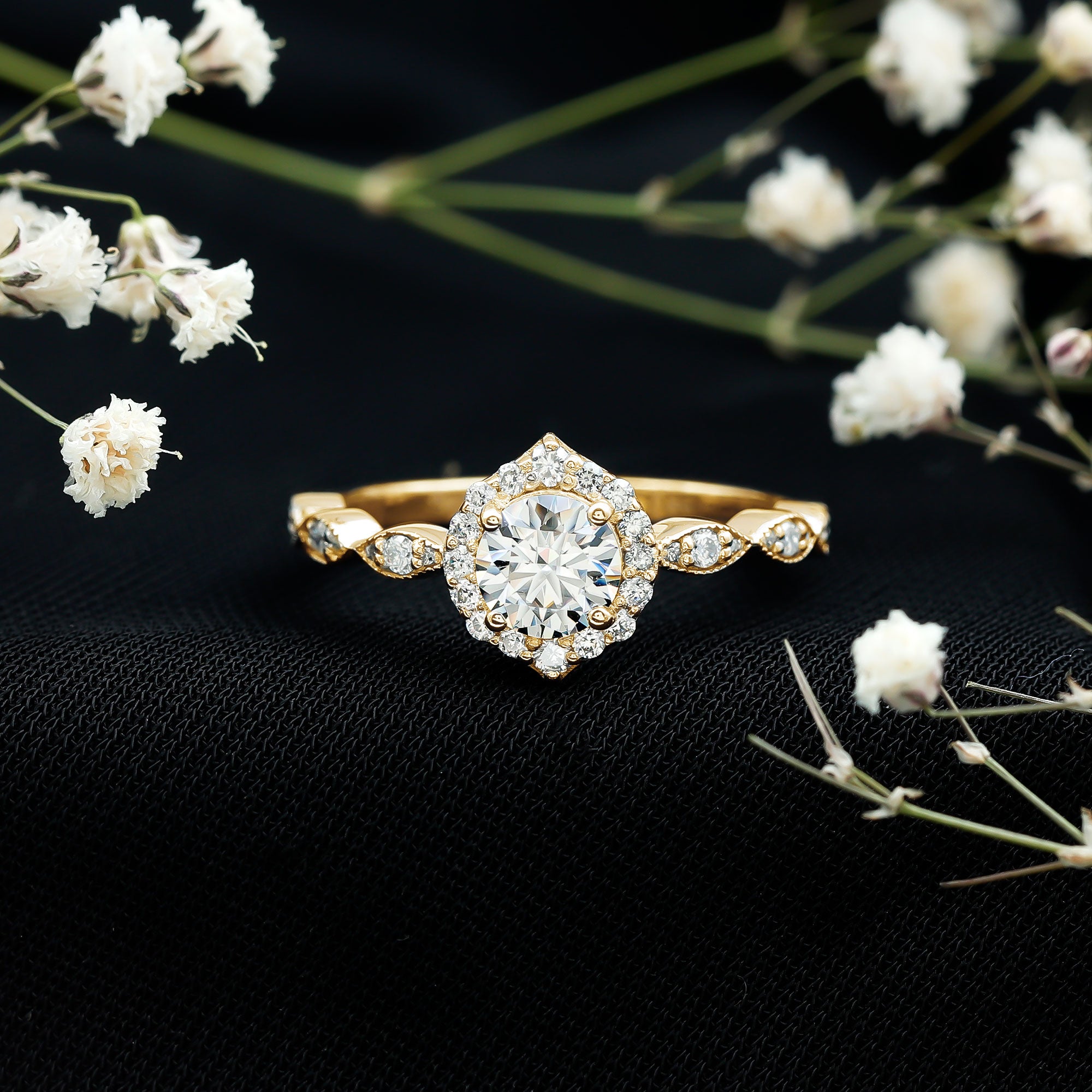Antique Style Moissanite Halo Engagement Ring D-VS1 - Rosec Jewels