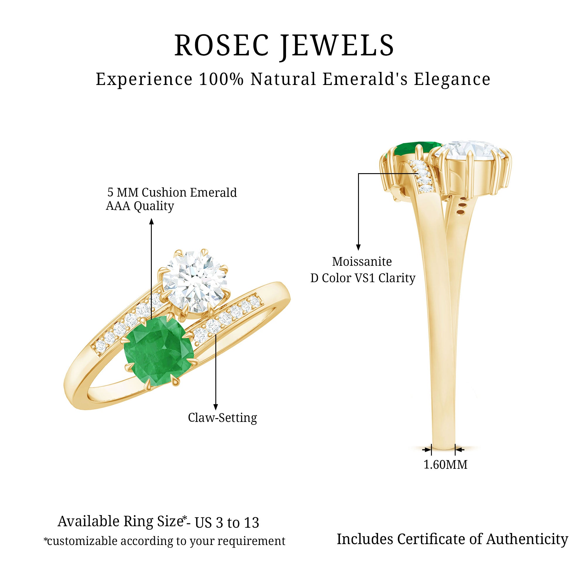 Rosec Jewels-Emerald and Moissanite Two Stone Engagement Ring in Bypass Shank