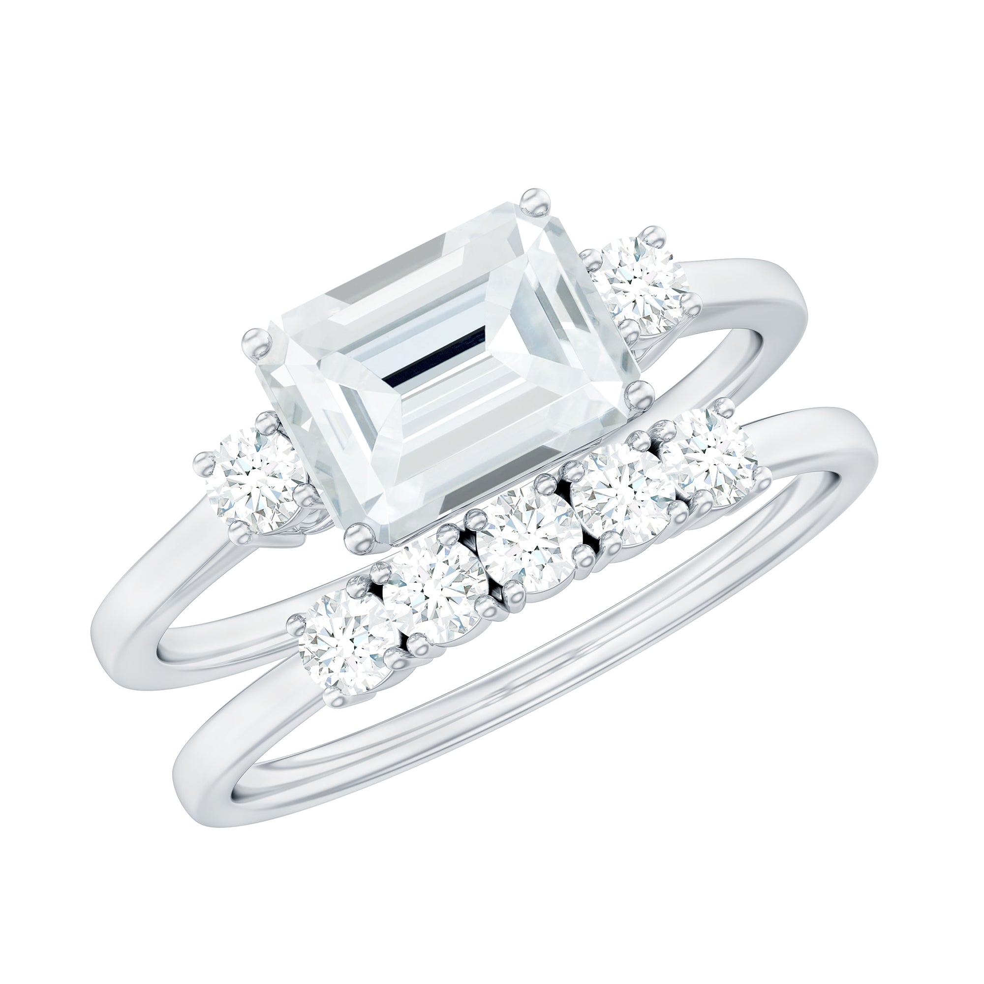 Emerald Cut Moissanite East West Wedding Ring Set
