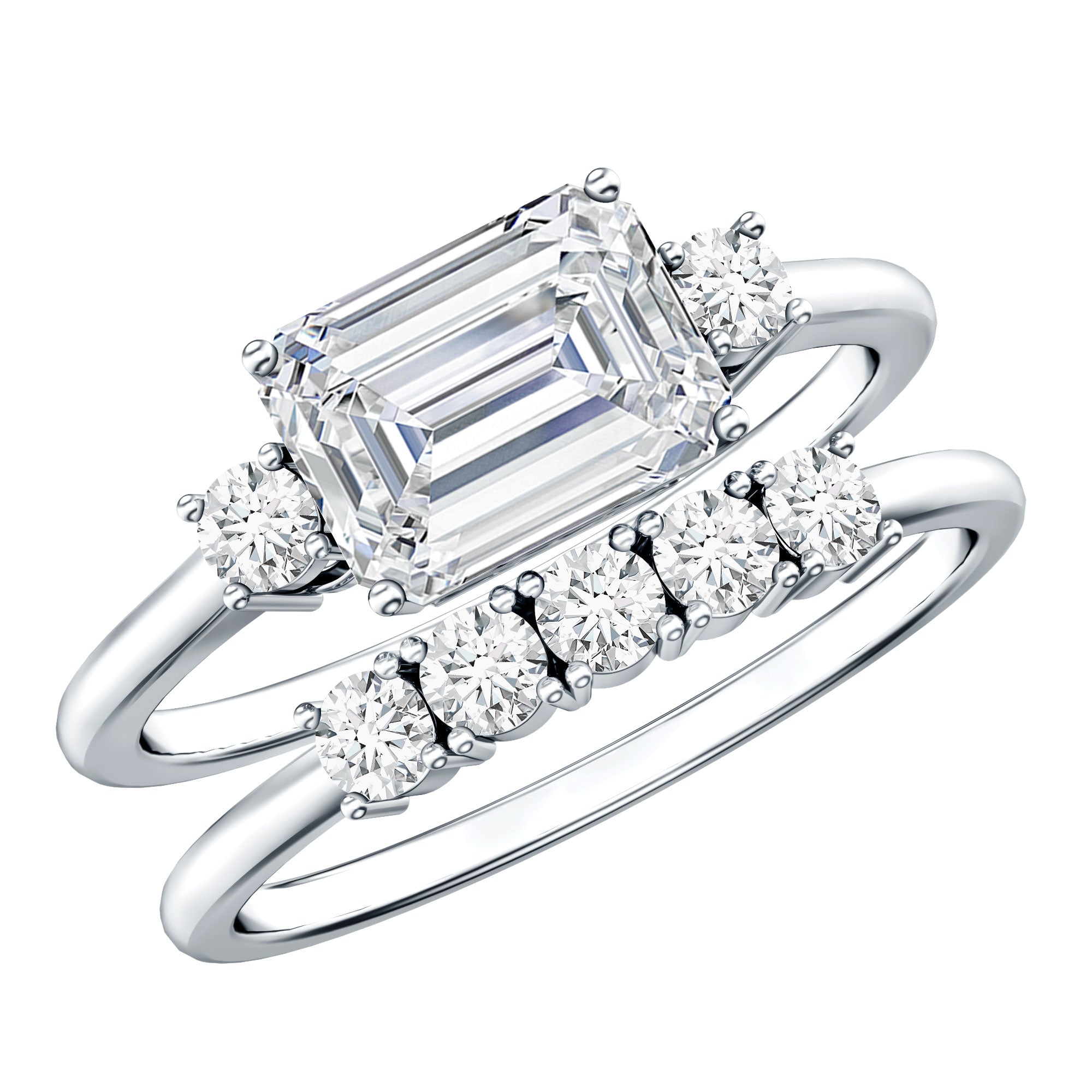 East West Emerald Cut Moissanite Engagement Ring & Wedding Band Set D-VS1 - Rosec Jewels