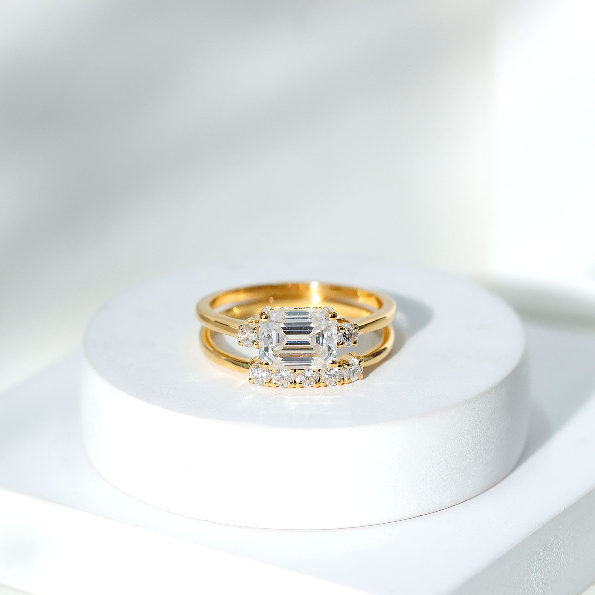 East West Emerald Cut Moissanite Engagement Ring & Wedding Band Set D-VS1 - Rosec Jewels