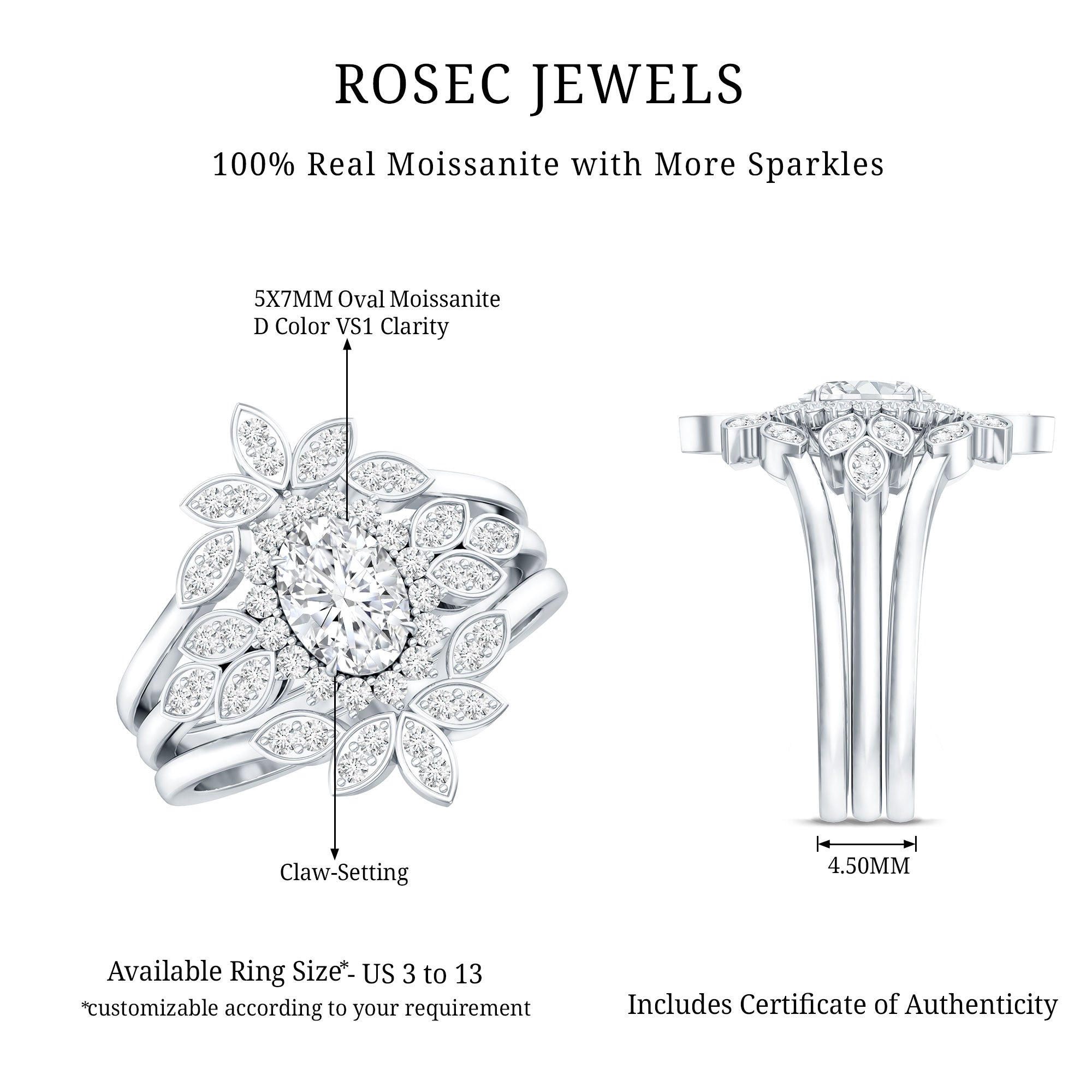 Rosec Jewels-Vintage Inspired Moissanite Wedding Ring Set of 3