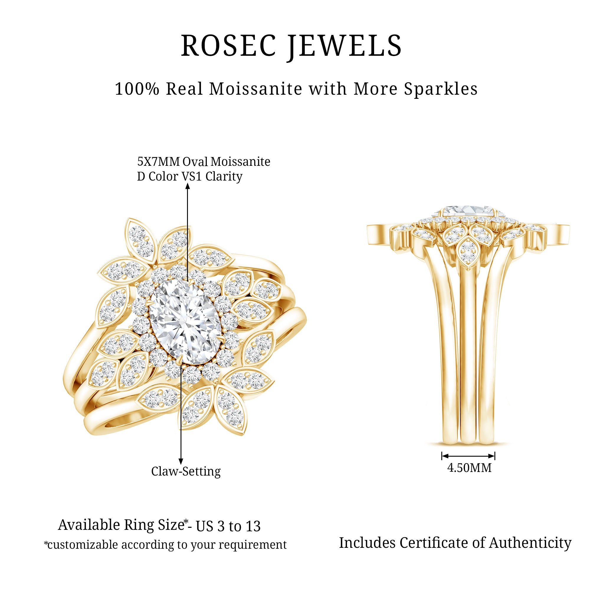 Rosec Jewels-Vintage Inspired Moissanite Wedding Ring Set of 3