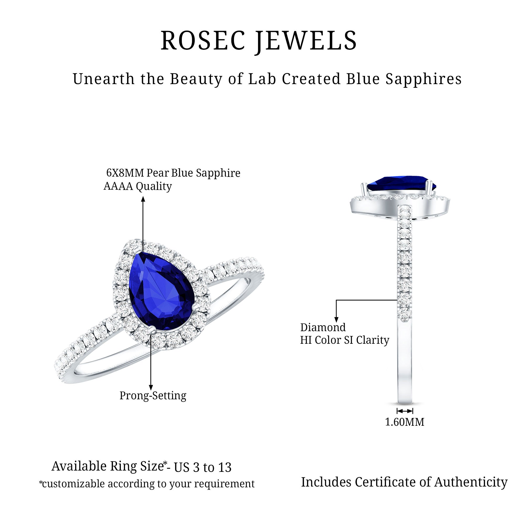 Certified 1.6 Carat Lab Grown Blue Sapphire Teardrop Engagement Ring with Diamond Halo AAAA - Rosec Jewels