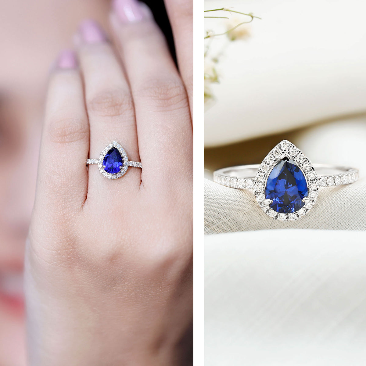 Certified 1.6 Carat Lab Grown Blue Sapphire Teardrop Engagement Ring with Diamond Halo AAAA - Rosec Jewels