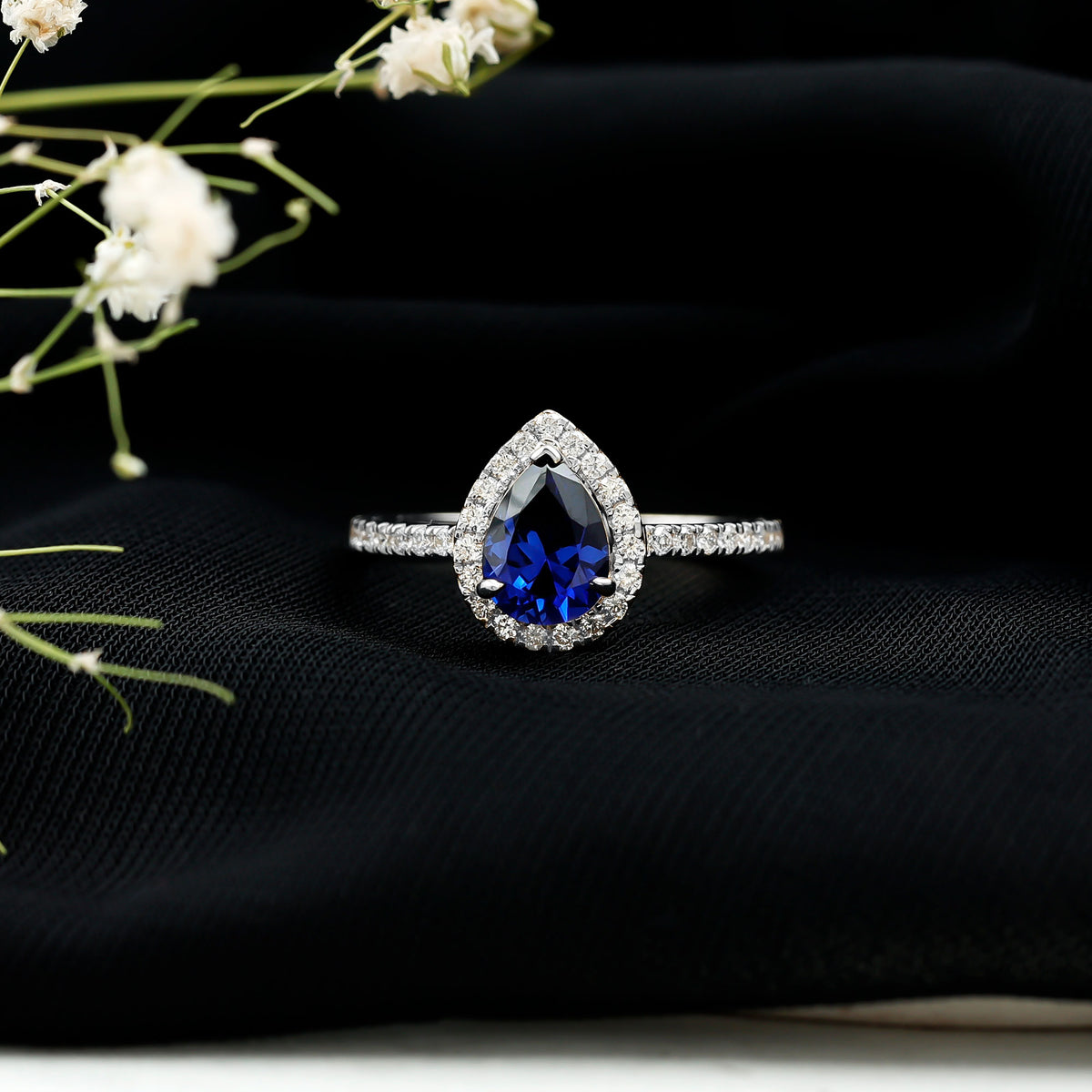 Certified 1.6 Carat Lab Grown Blue Sapphire Teardrop Engagement Ring with Diamond Halo AAAA - Rosec Jewels