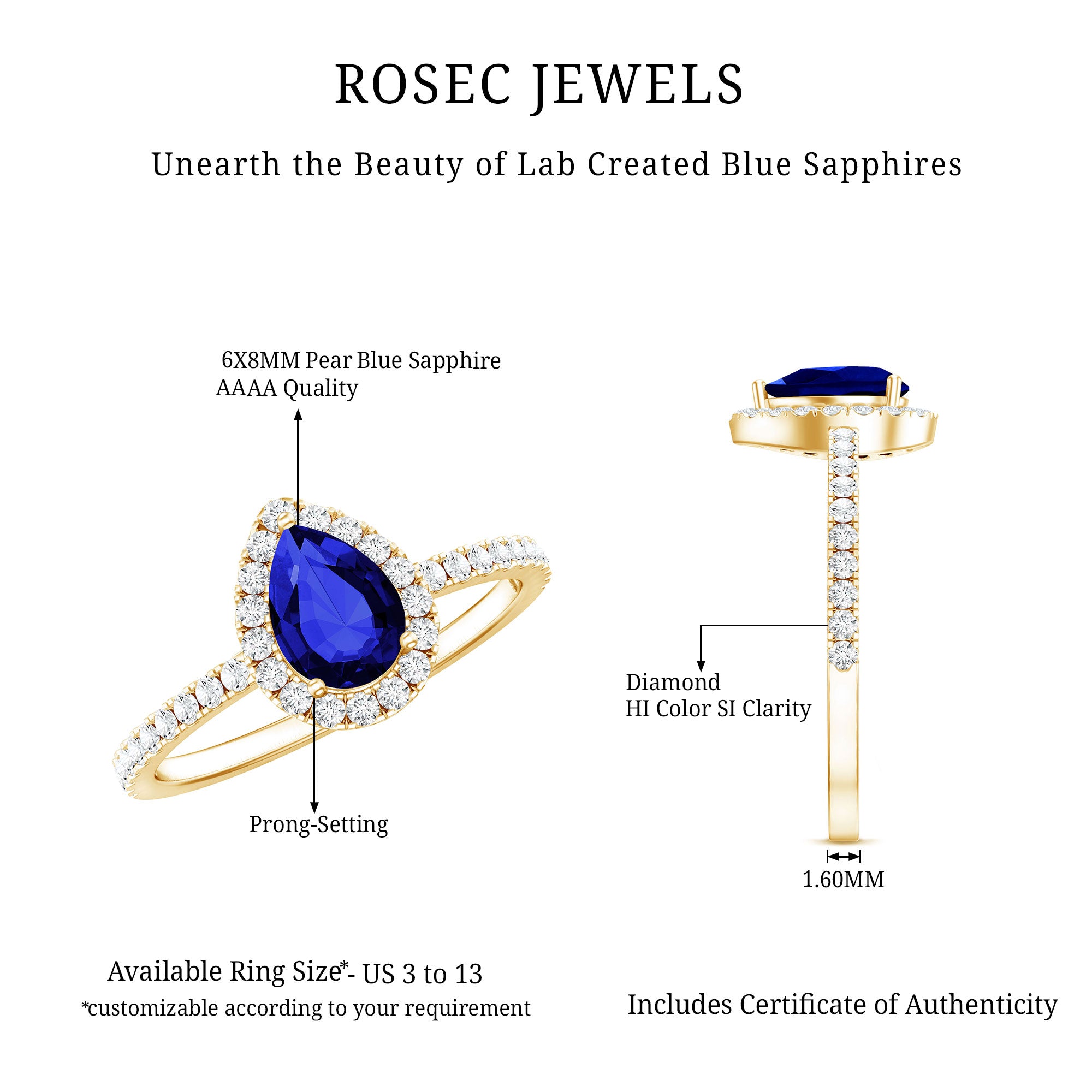 Certified 1.6 Carat Lab Grown Blue Sapphire Teardrop Engagement Ring with Diamond Halo AAAA - Rosec Jewels