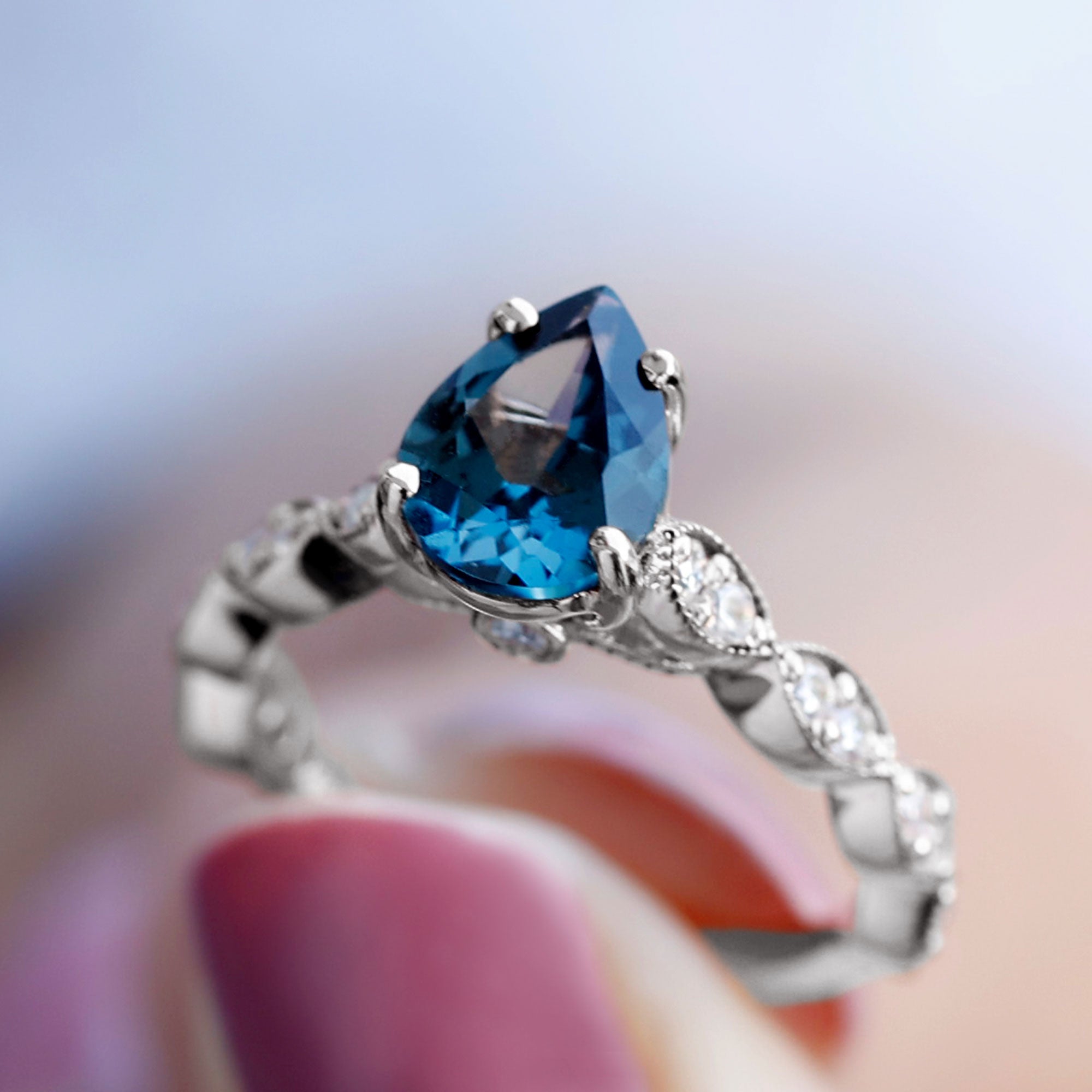 Pear Shaped London Blue Topaz and Diamond Engagement Ring For Women AAA - Rosec Jewels