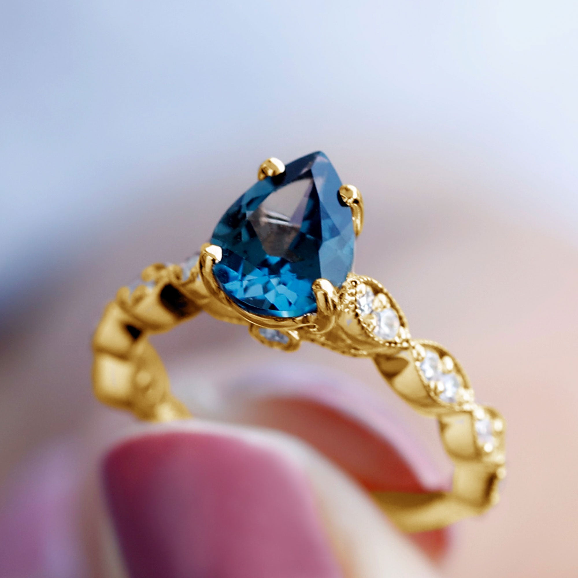 Pear Shaped London Blue Topaz and Diamond Engagement Ring For Women AAA - Rosec Jewels