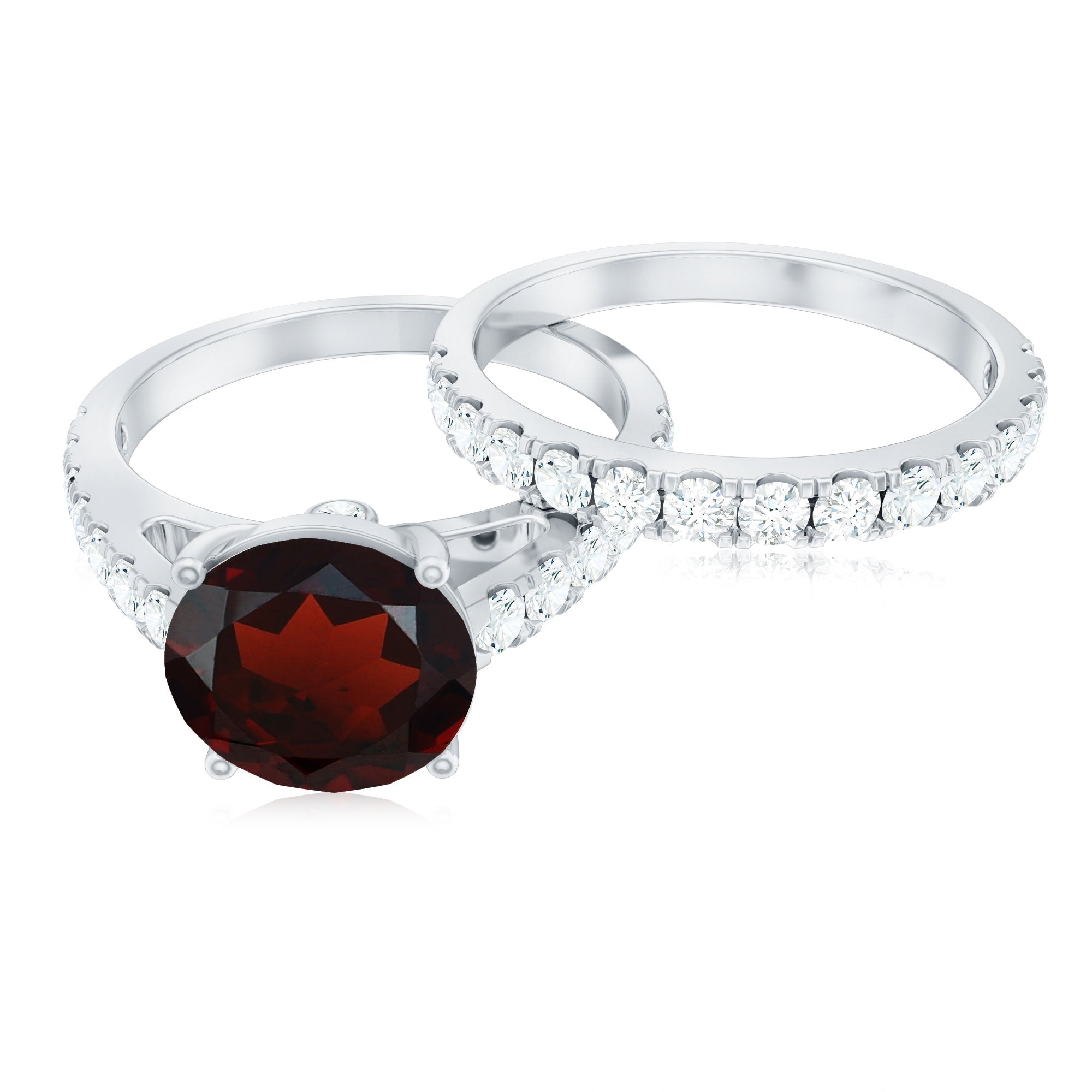 Natural Garnet Diamond Wedding Bridal Ring Set of 2 AAA - Rosec Jewels