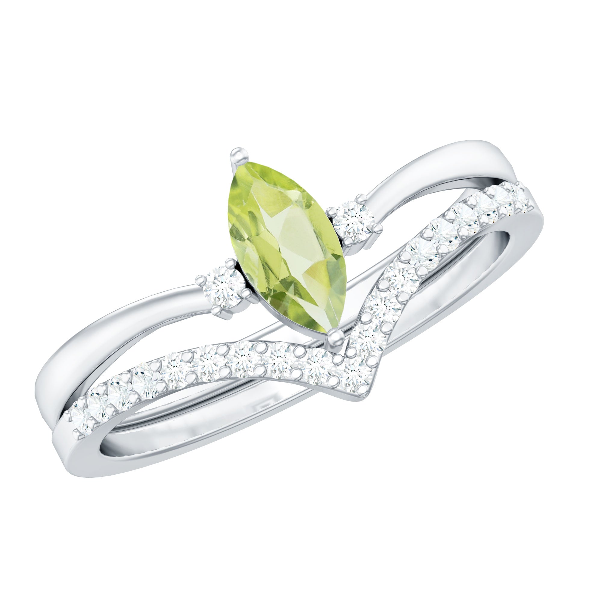 Marquise Cut Peridot Solitaire Wedding Ring Set with Diamond AAA - Rosec Jewels