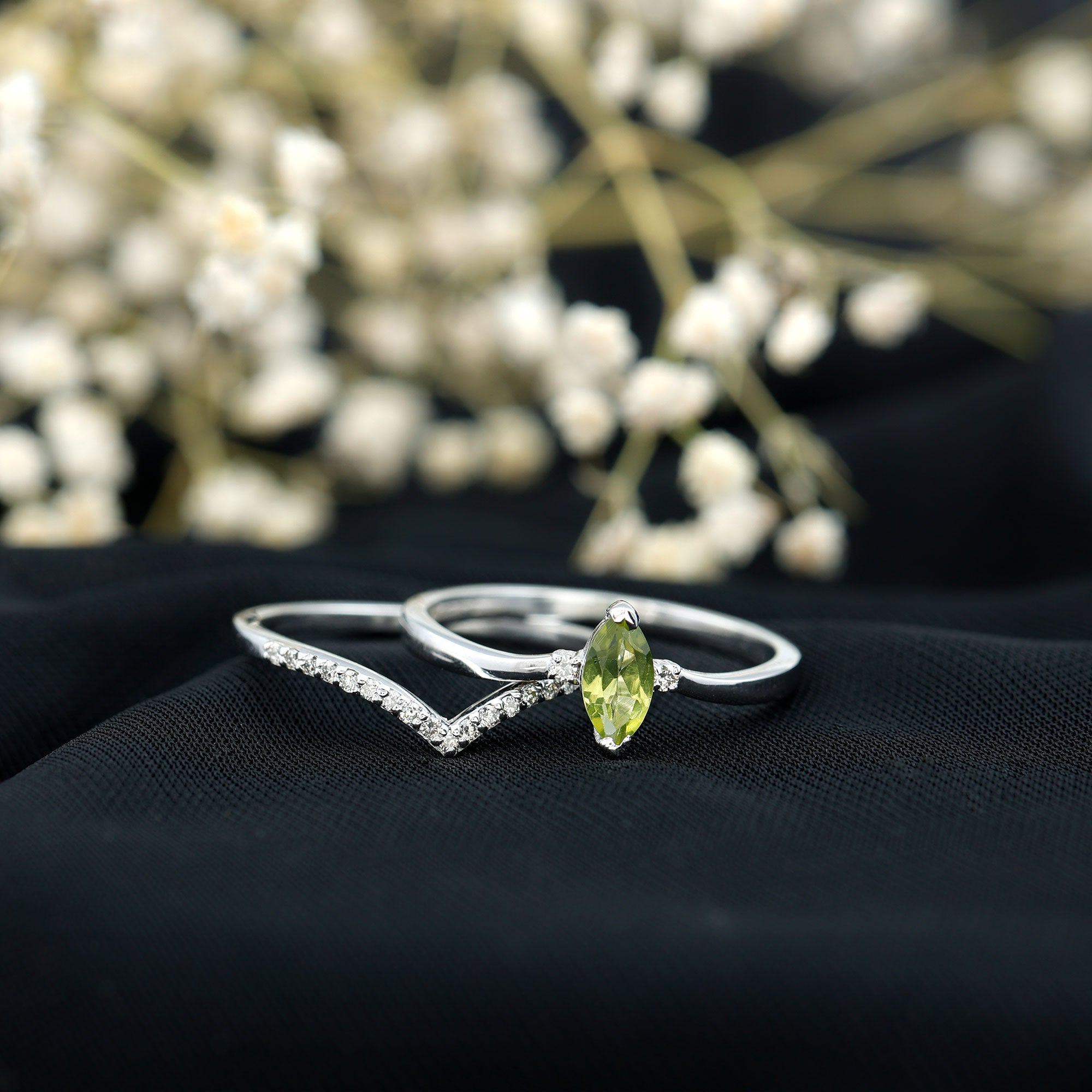 Marquise Cut Peridot Solitaire Wedding Ring Set with Diamond AAA - Rosec Jewels