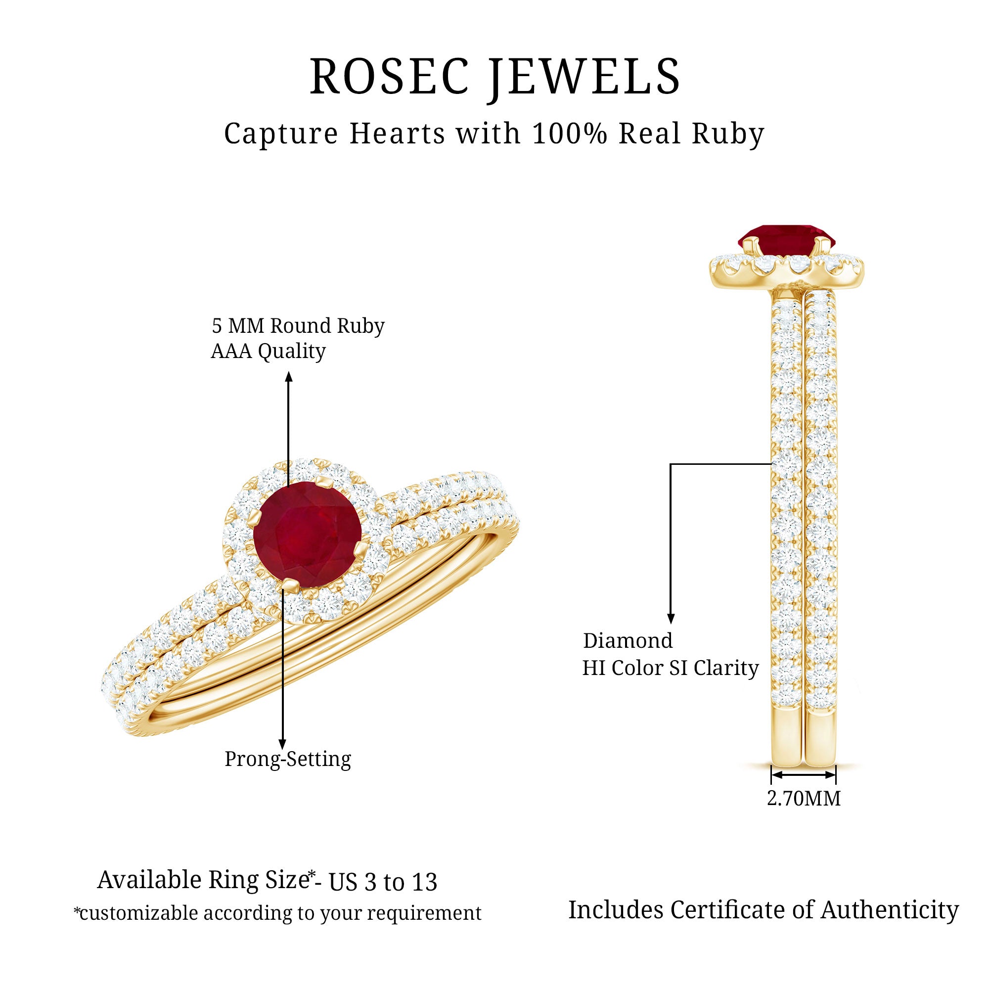 Natural Ruby Wedding Engagement Ring Set with Diamond AAA - Rosec Jewels