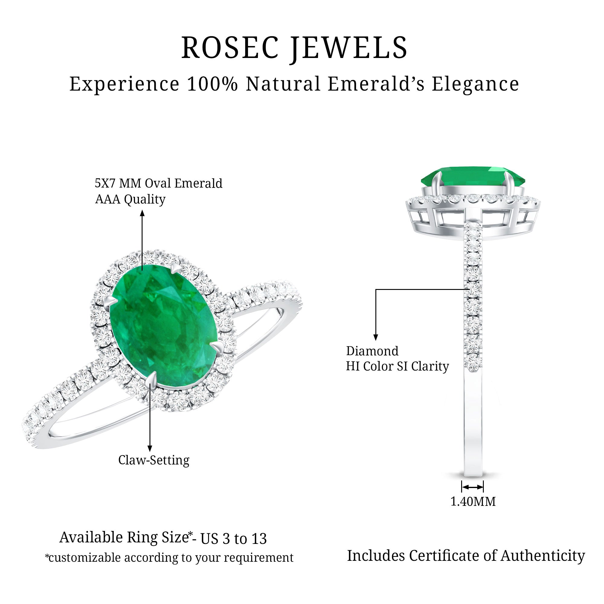 Real 0.7 Carat Oval Emerald Engagement Ring with Diamond Halo AAA - Rosec Jewels