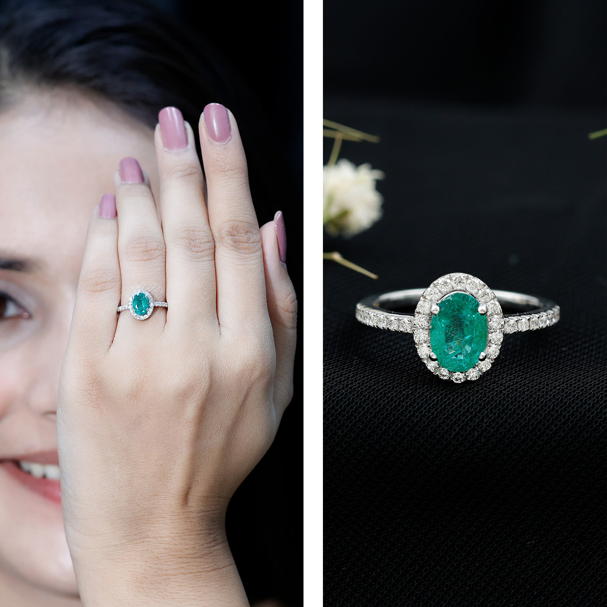 Real 0.7 Carat Oval Emerald Engagement Ring with Diamond Halo AAA - Rosec Jewels