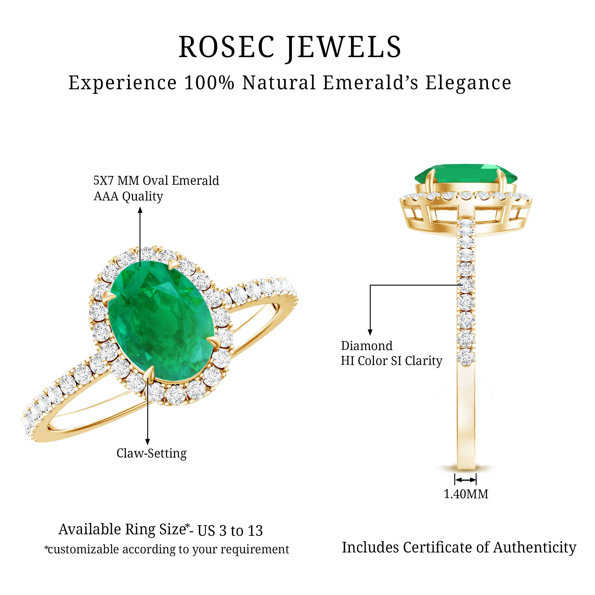 Real 0.7 Carat Oval Emerald Engagement Ring with Diamond Halo AAA - Rosec Jewels