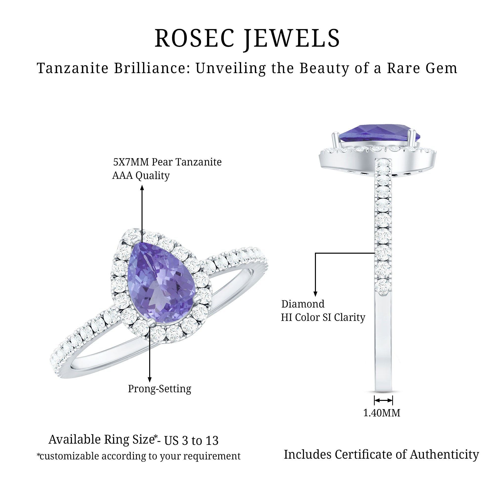 Real Pear Shape Tanzanite Teardrop Engagement Ring with Diamond Halo AAA - Rosec Jewels