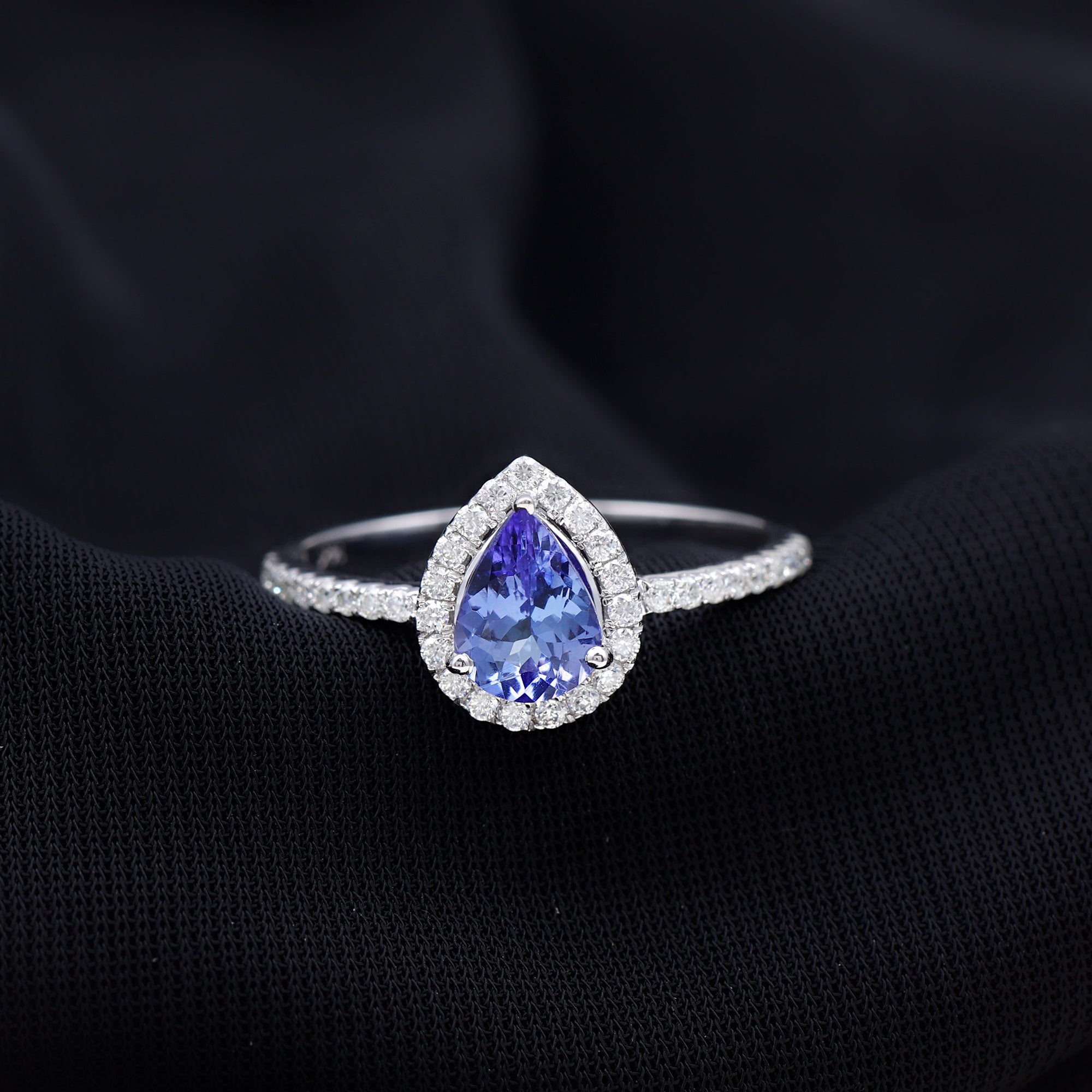 Real Pear Shape Tanzanite Teardrop Engagement Ring with Diamond Halo AAA - Rosec Jewels