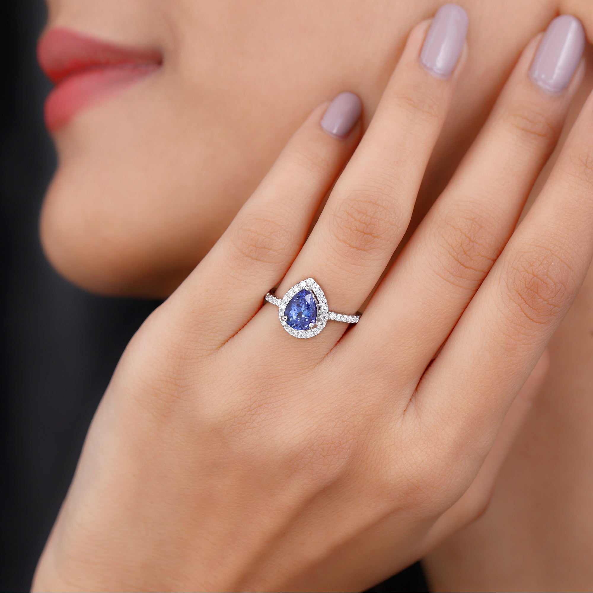Real Pear Shape Tanzanite Teardrop Engagement Ring with Diamond Halo AAA - Rosec Jewels