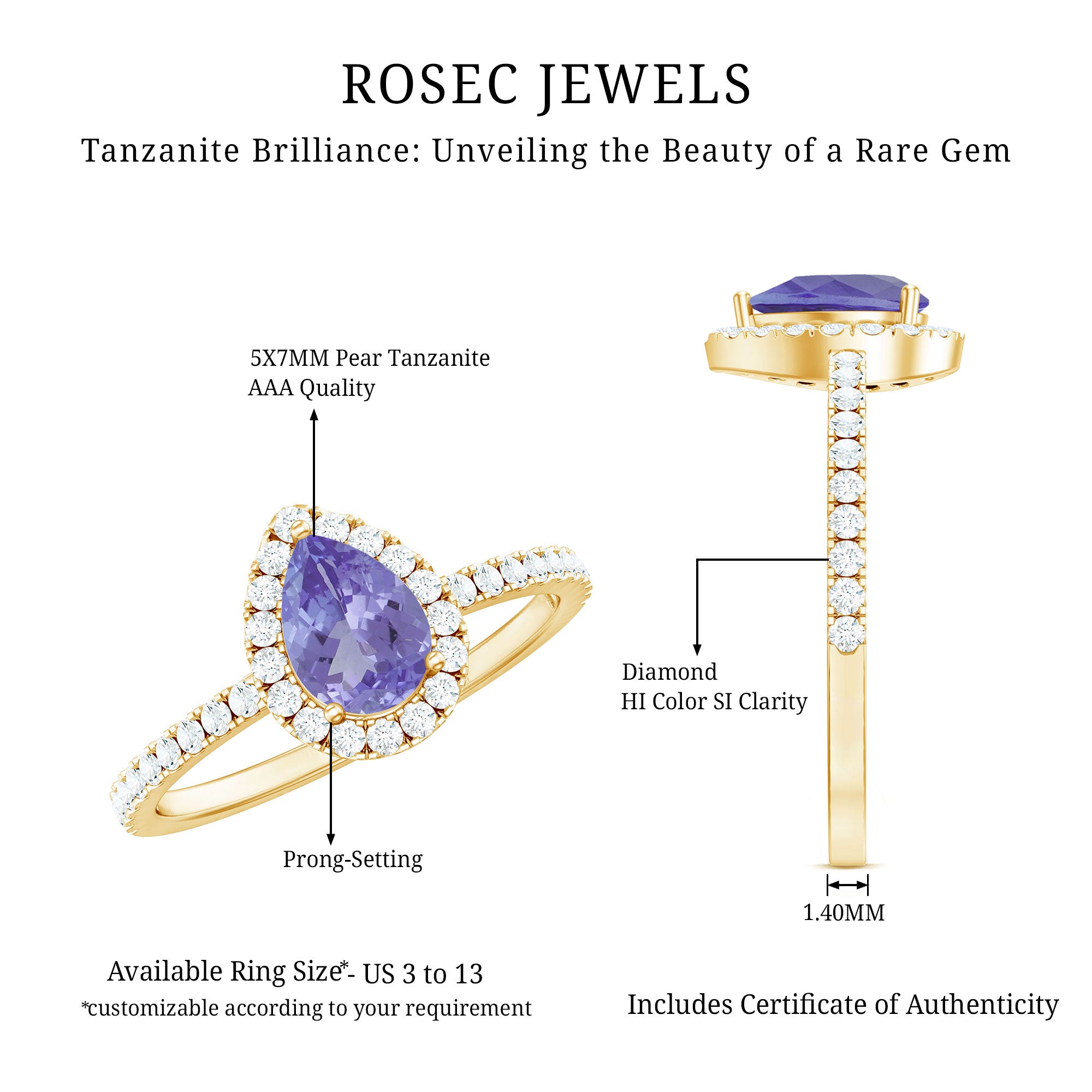 Real Pear Shape Tanzanite Teardrop Engagement Ring with Diamond Halo AAA - Rosec Jewels