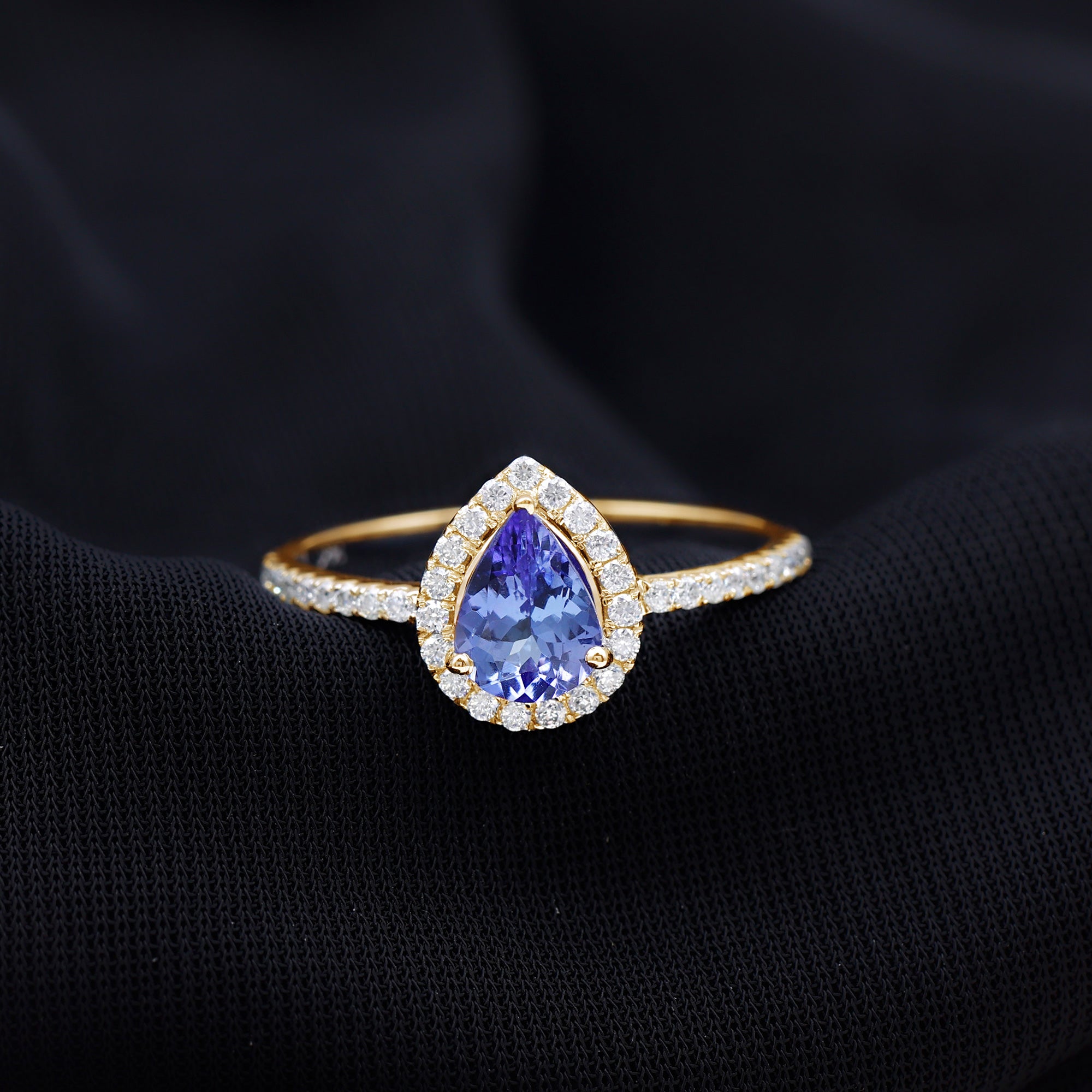 Real Pear Shape Tanzanite Teardrop Engagement Ring with Diamond Halo AAA - Rosec Jewels