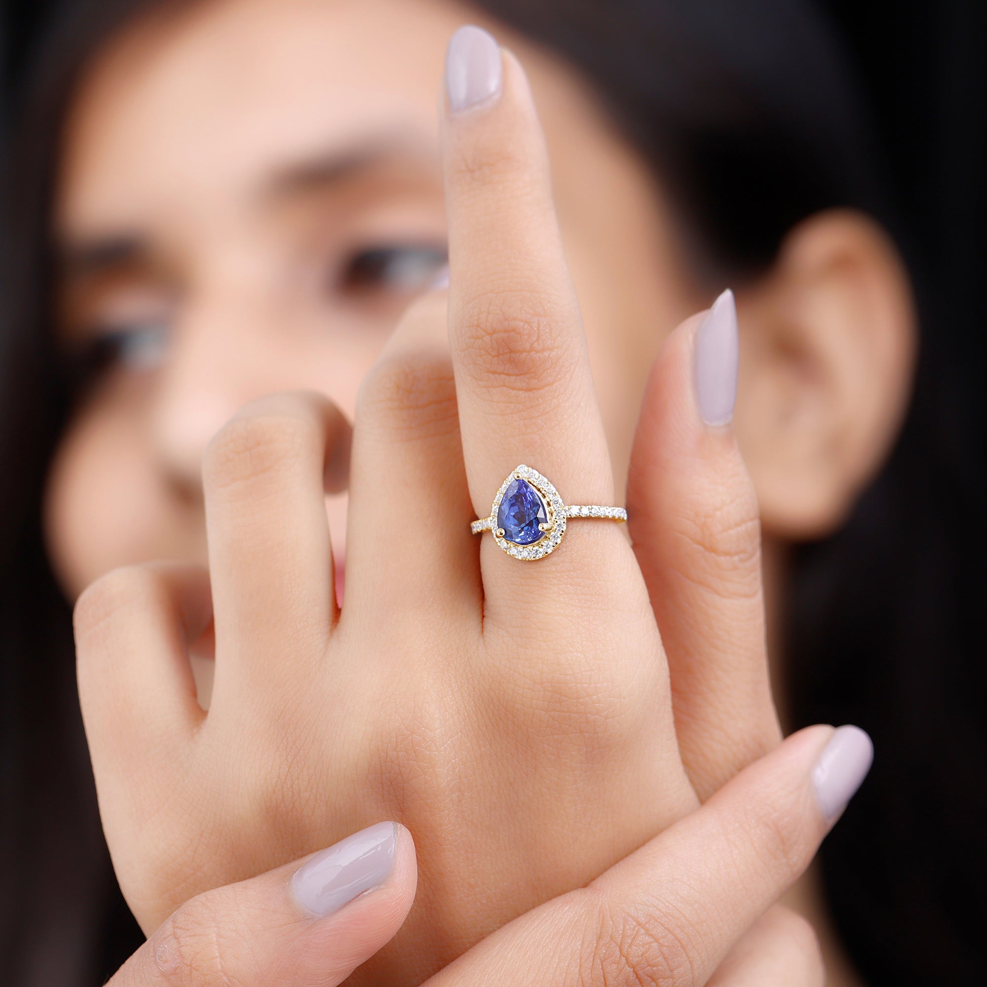 Real Pear Shape Tanzanite Teardrop Engagement Ring with Diamond Halo AAA - Rosec Jewels