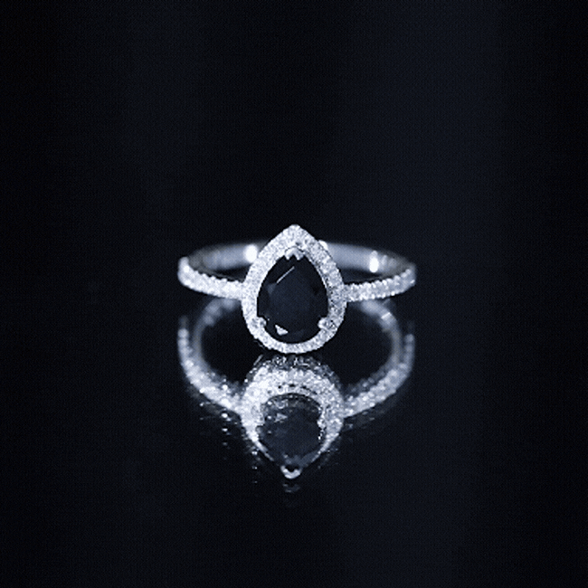6X8MM Pear Shaped Black Onyx Engagement Ring with Real Diamond Halo AAA - Rosec Jewels