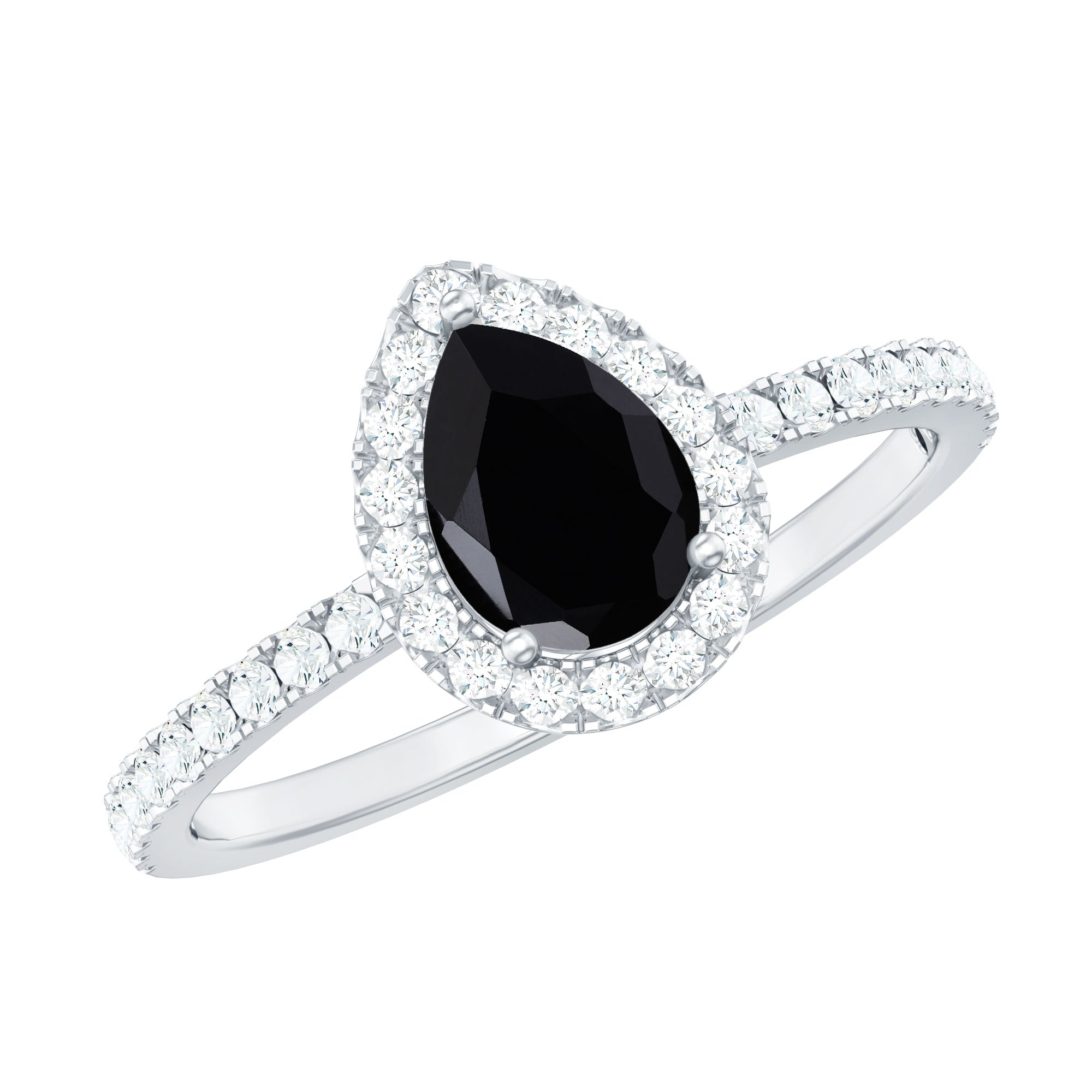 6X8MM Pear Shaped Black Onyx Engagement Ring with Real Diamond Halo