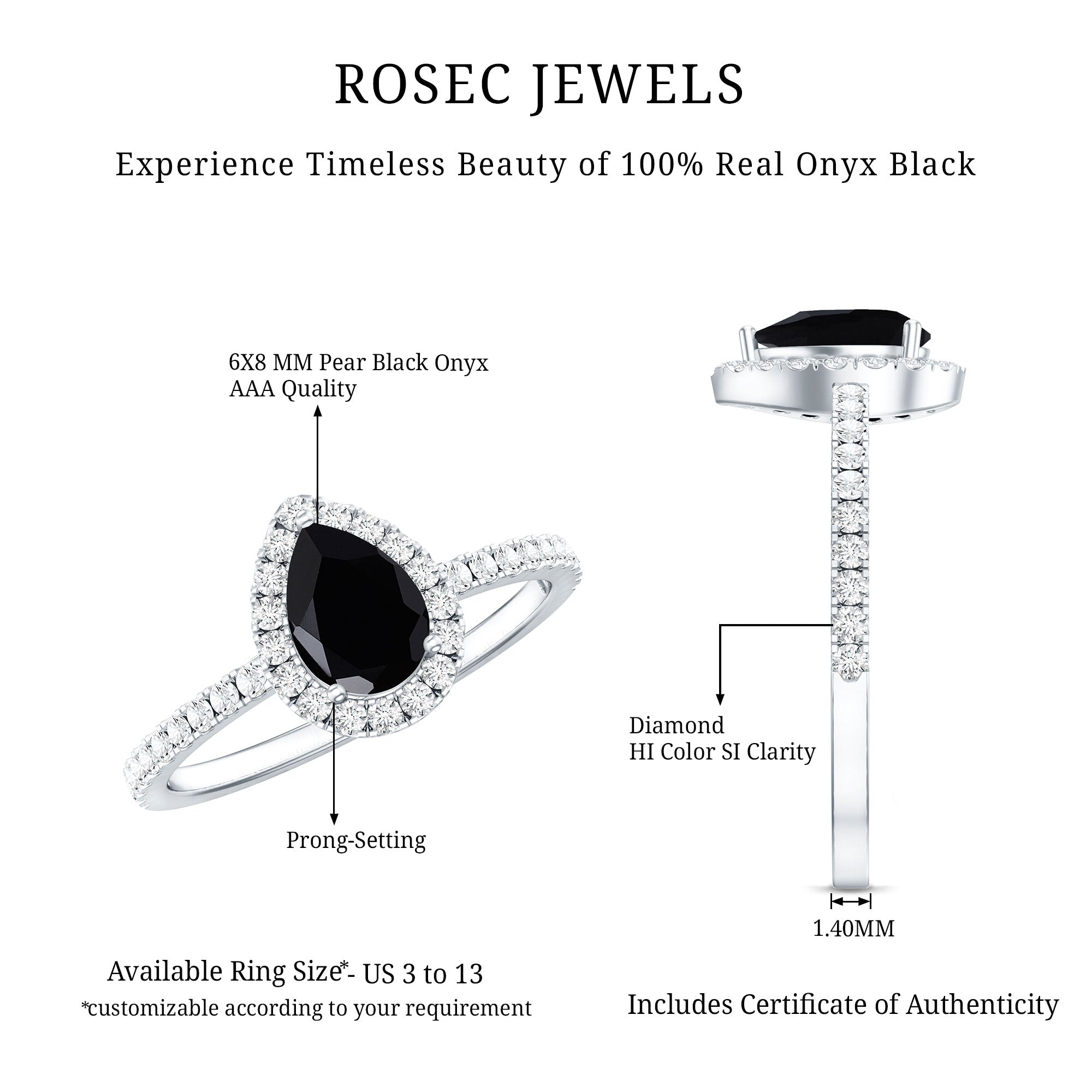 6X8MM Pear Shaped Black Onyx Engagement Ring with Real Diamond Halo AAA - Rosec Jewels