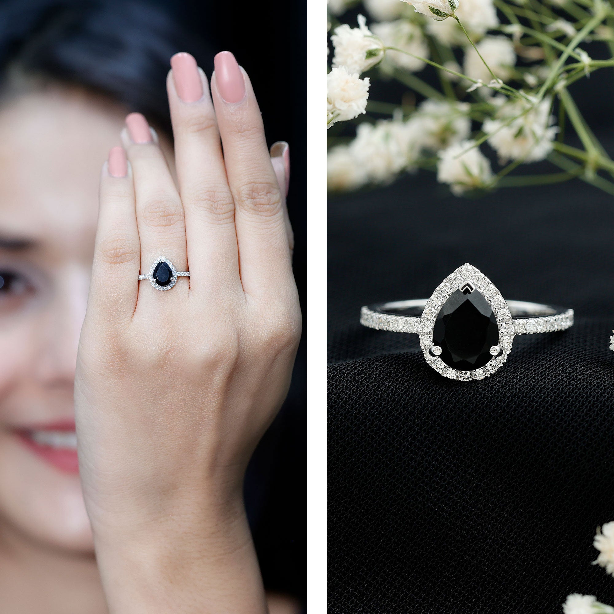 6X8MM Pear Shaped Black Onyx Engagement Ring with Real Diamond Halo AAA - Rosec Jewels