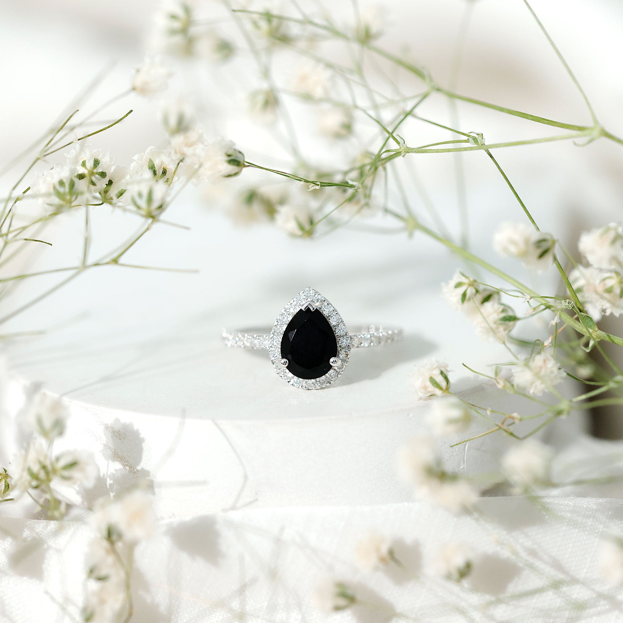 6X8MM Pear Shaped Black Onyx Engagement Ring with Real Diamond Halo AAA - Rosec Jewels