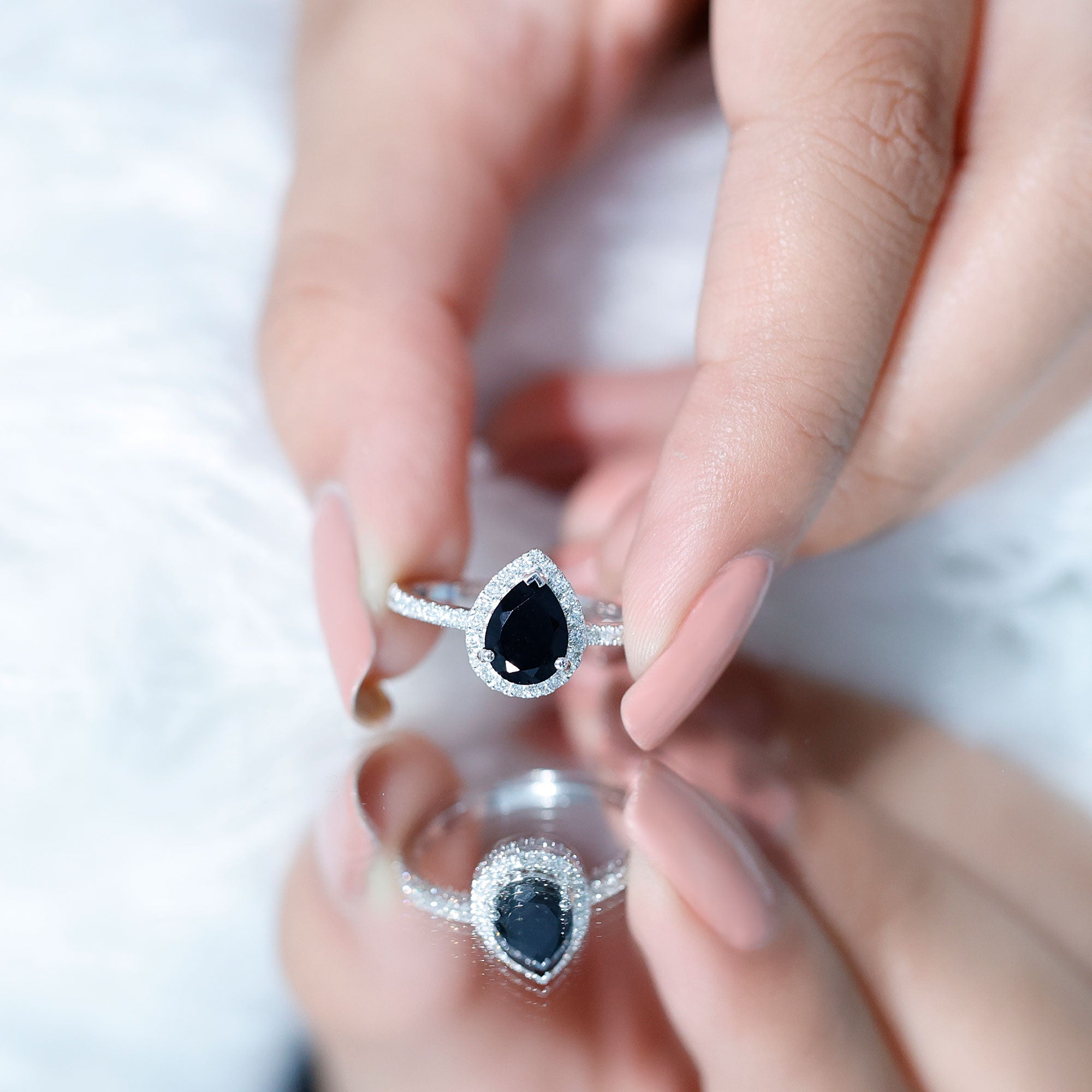 6X8MM Pear Shaped Black Onyx Engagement Ring with Real Diamond Halo AAA - Rosec Jewels