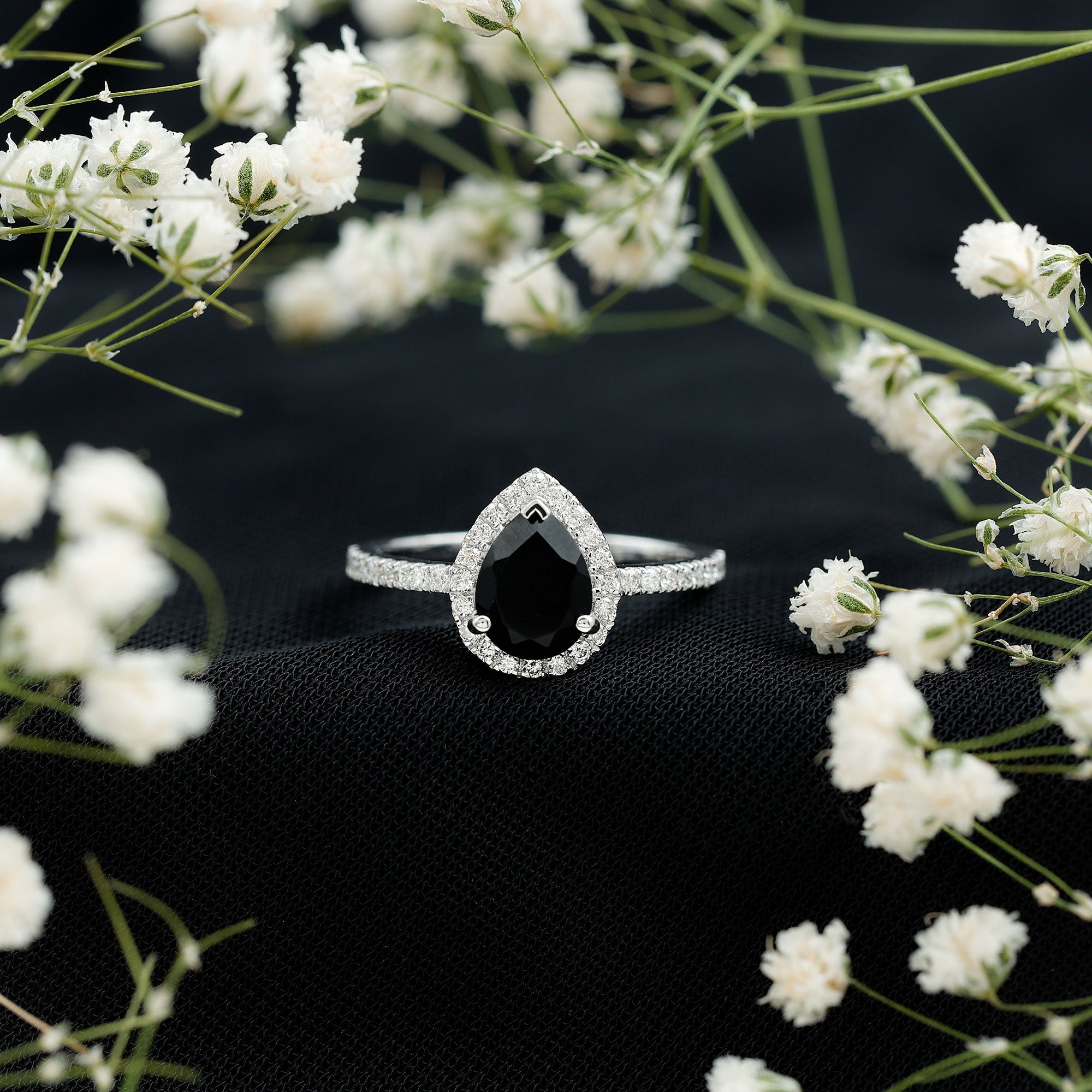 6X8MM Pear Shaped Black Onyx Engagement Ring with Real Diamond Halo AAA - Rosec Jewels