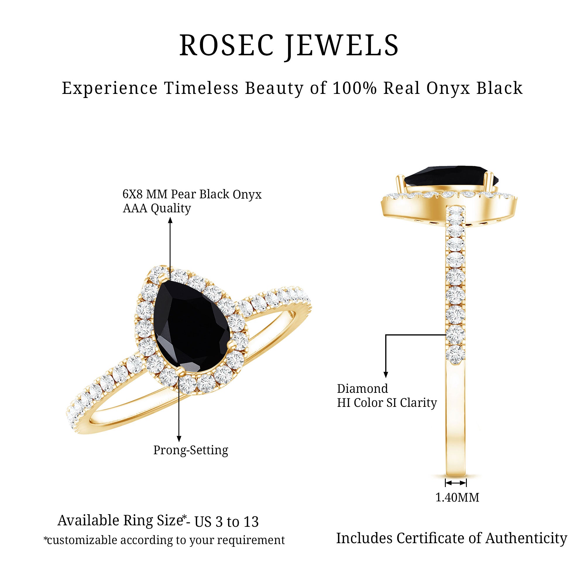 6X8MM Pear Shaped Black Onyx Engagement Ring with Real Diamond Halo AAA - Rosec Jewels