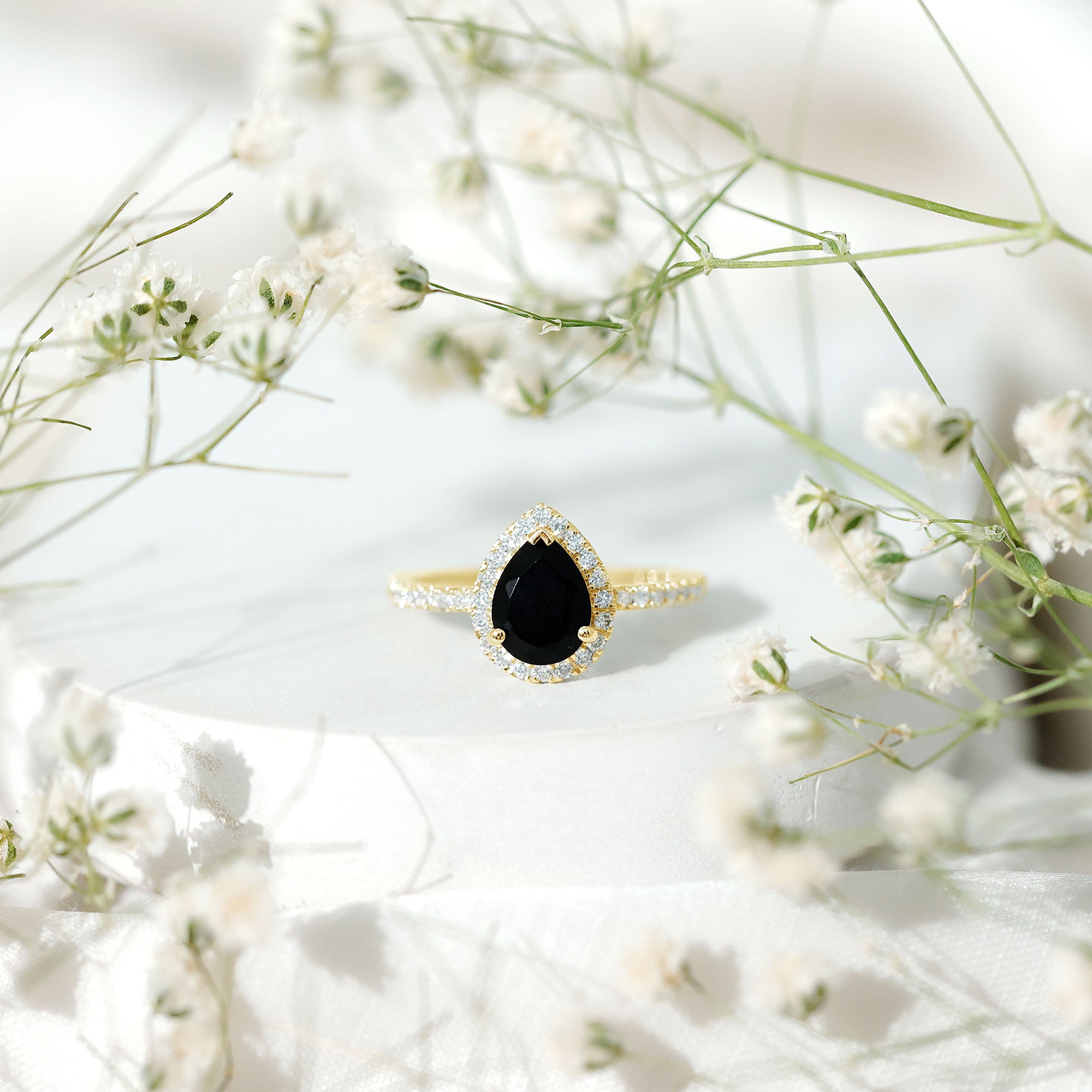 6X8MM Pear Shaped Black Onyx Engagement Ring with Real Diamond Halo AAA - Rosec Jewels