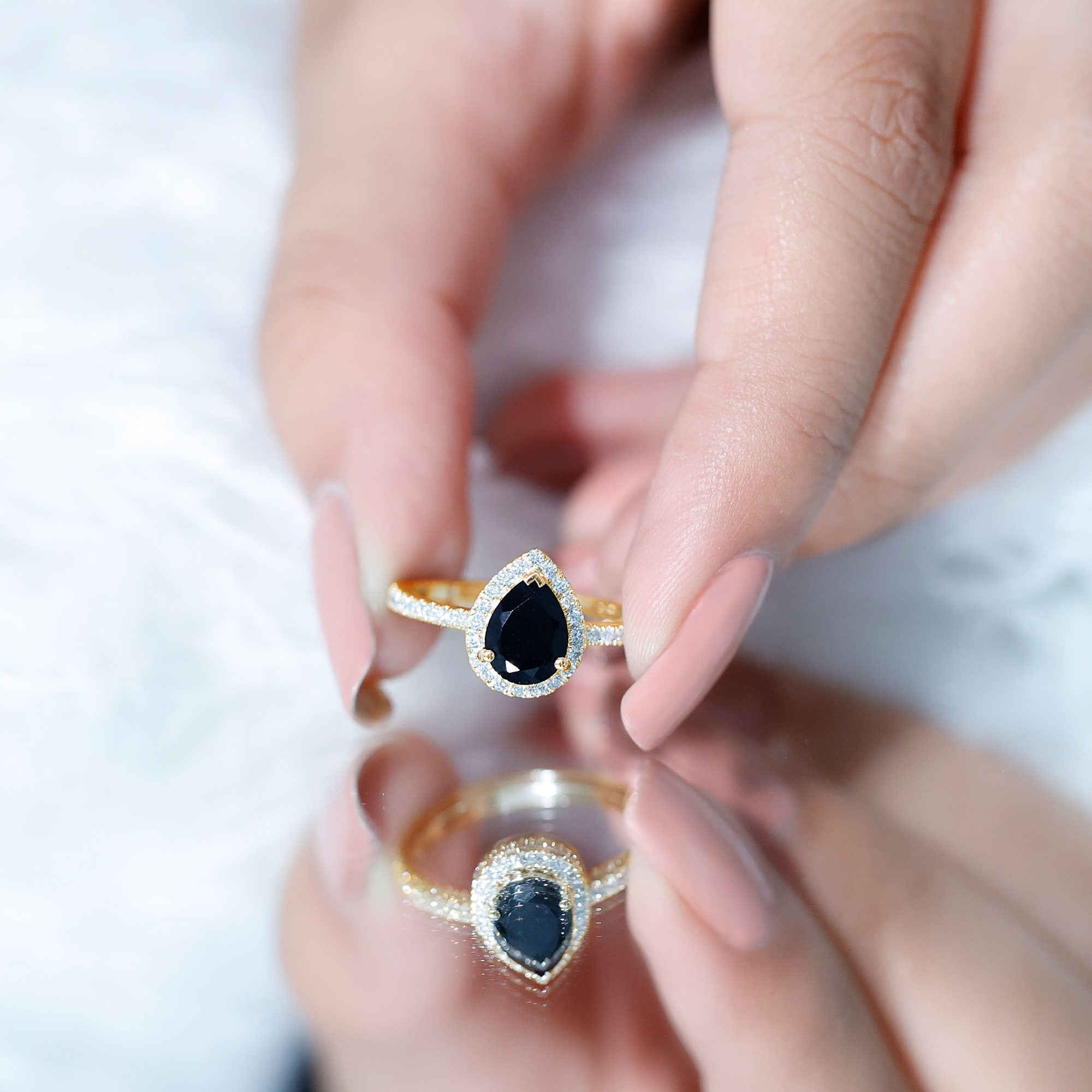 6X8MM Pear Shaped Black Onyx Engagement Ring with Real Diamond Halo AAA - Rosec Jewels