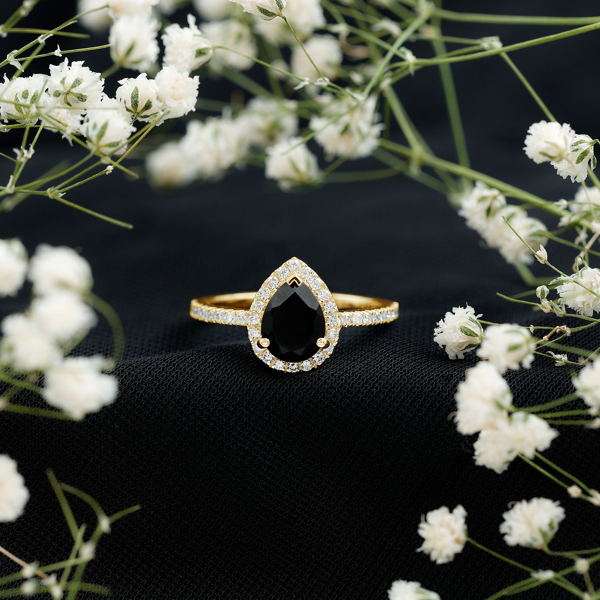 6X8MM Pear Shaped Black Onyx Engagement Ring with Real Diamond Halo AAA - Rosec Jewels