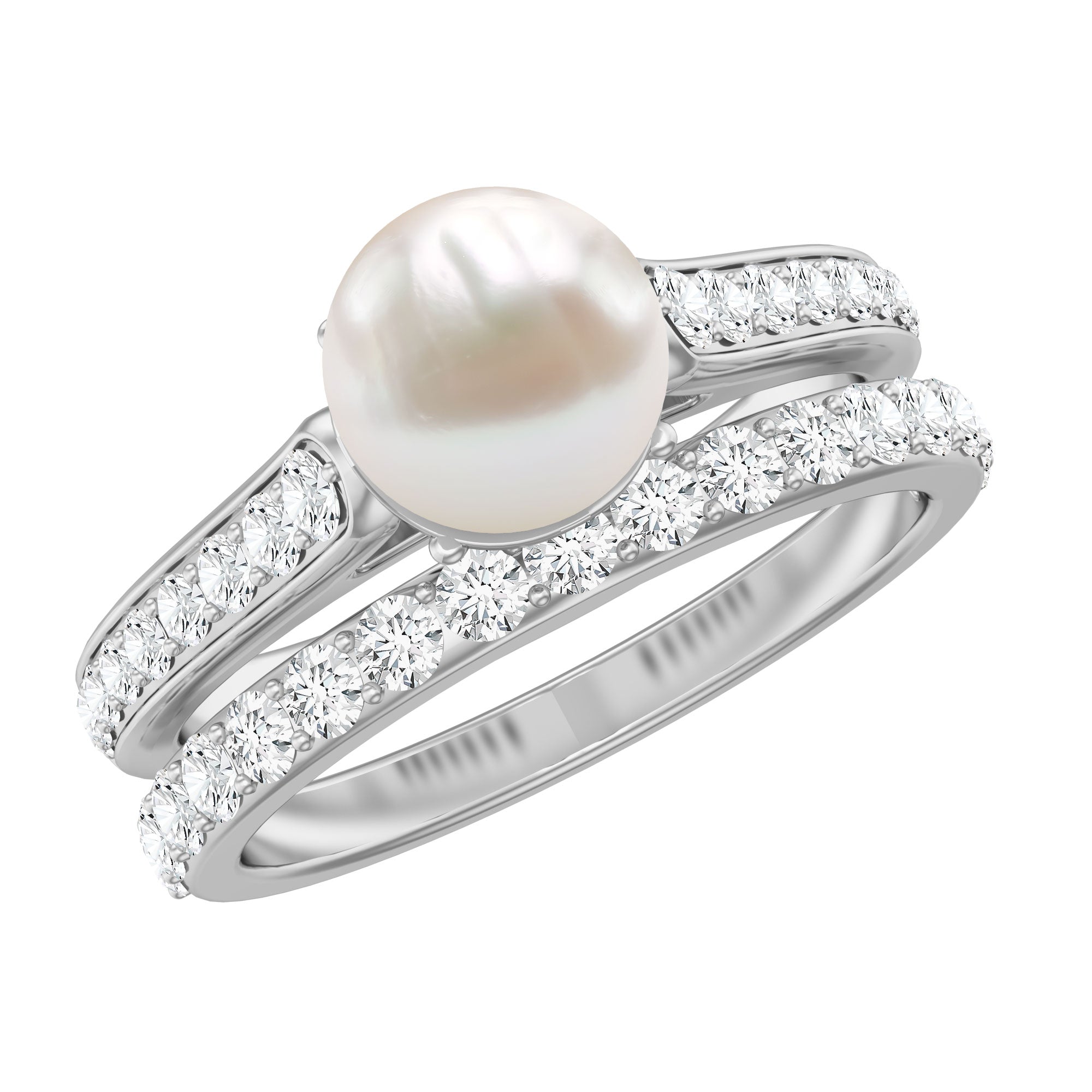 Cultured Freshwater Pearl Wedding Bridal Ring Set with Moissanite AAA - Rosec Jewels