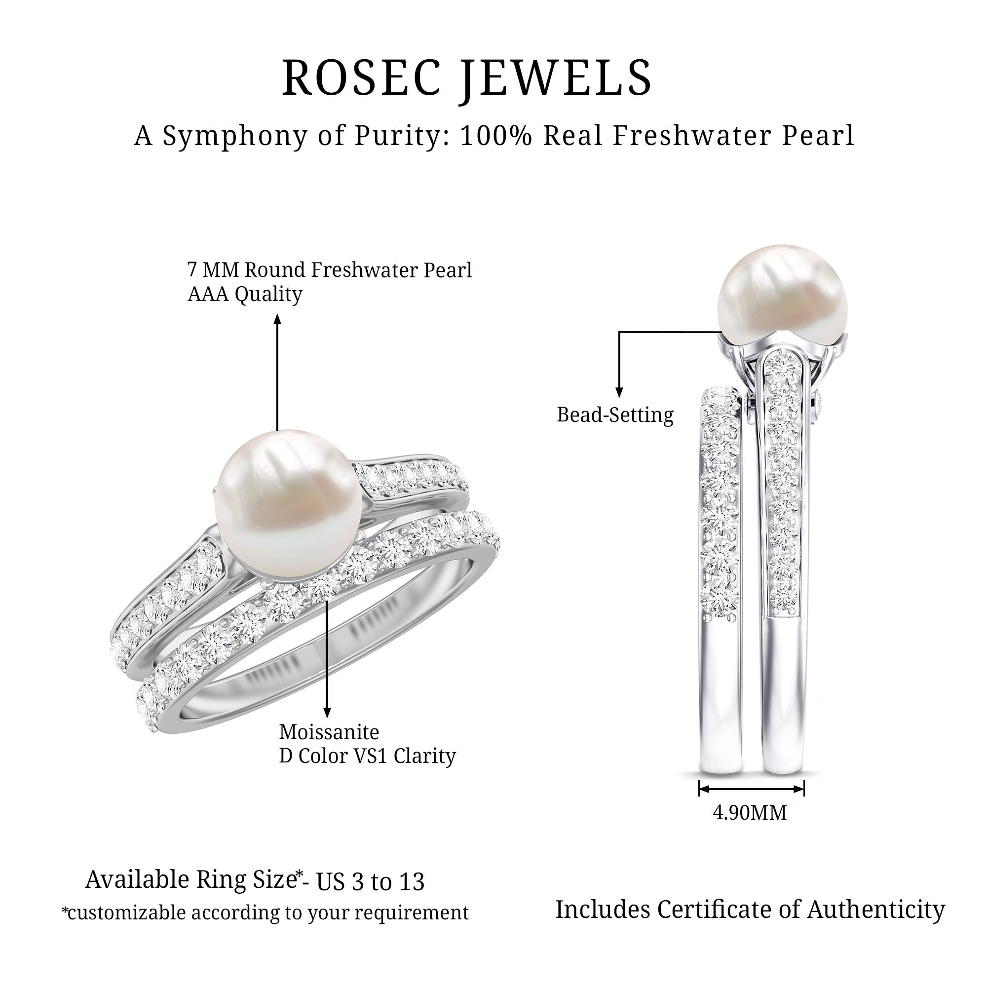 Cultured Freshwater Pearl Wedding Bridal Ring Set with Moissanite AAA - Rosec Jewels