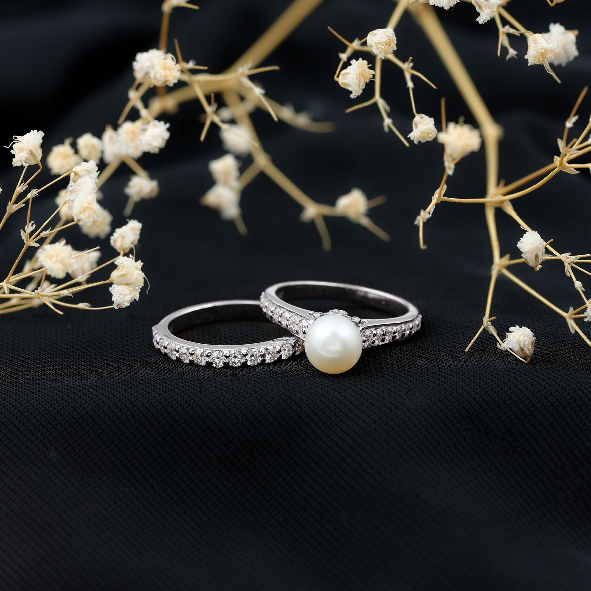 Cultured Freshwater Pearl Wedding Bridal Ring Set with Moissanite AAA - Rosec Jewels