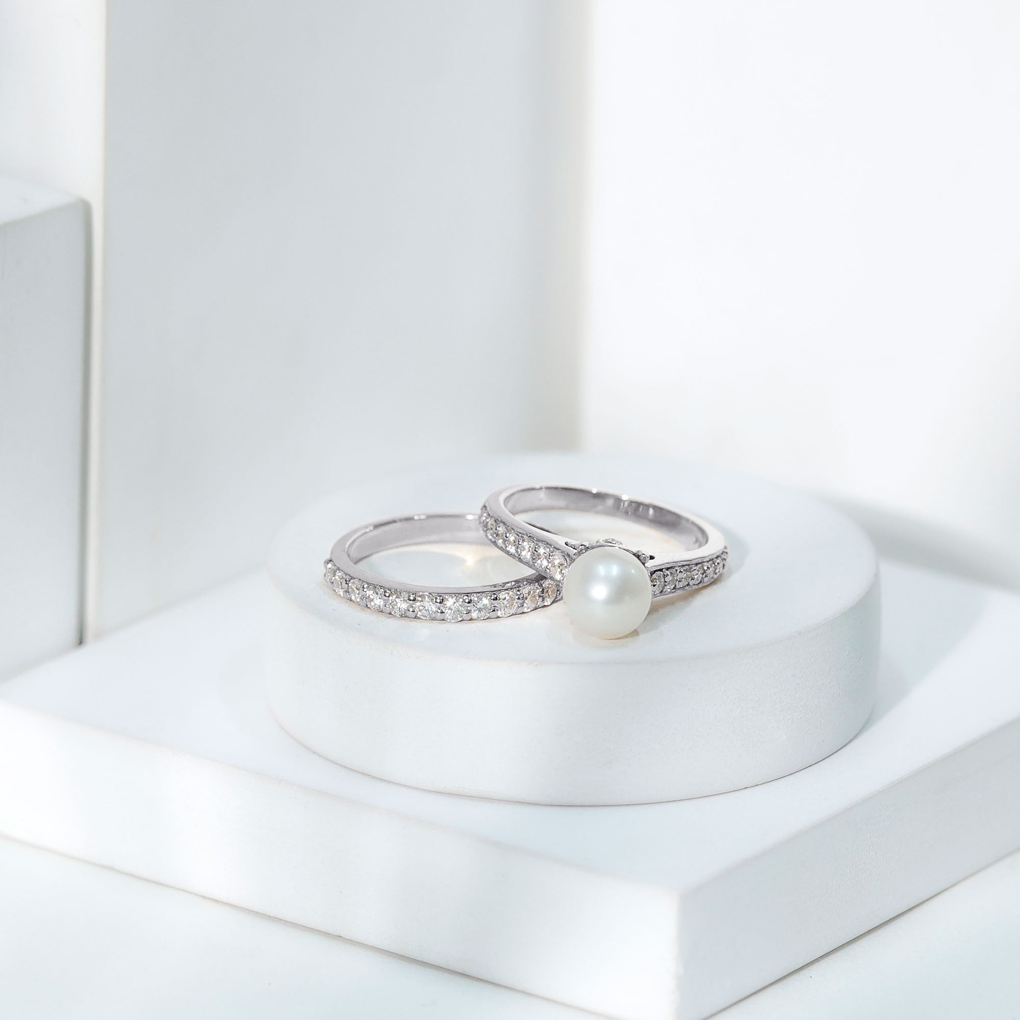 Cultured Freshwater Pearl Wedding Bridal Ring Set with Moissanite AAA - Rosec Jewels